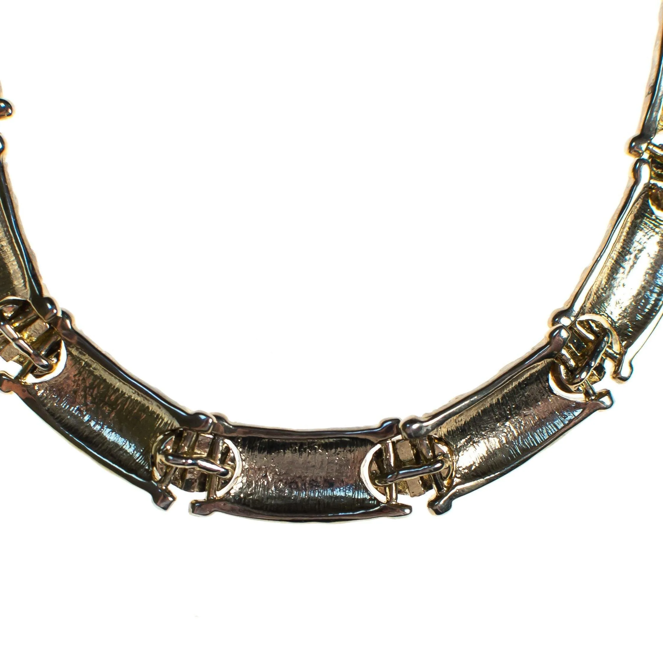 Vintage 1980s Art Deco Style Collar Necklace with Jewel Tone Cabochons and Diamante Crystal Rhinestones