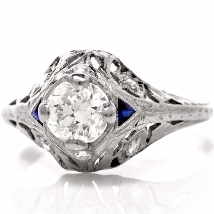 Vintage .60ct Diamond and Sapphire Art Deco Platinum Engagement Ring