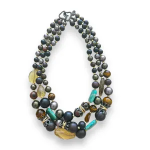 Vintage ALEXIS BITTAR Citrine - Tiger's-Eye - Amazonite Beaded 3-Layered Necklace