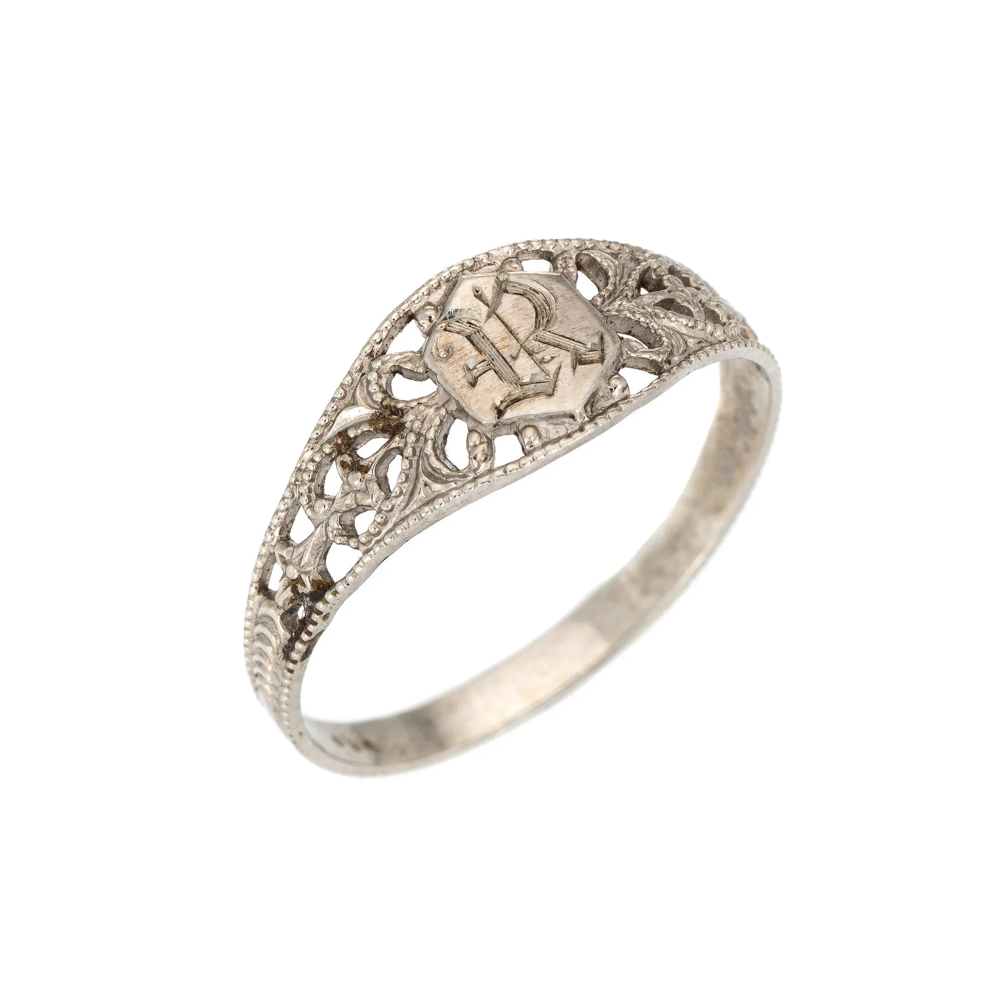 Vintage Art Deco Baby Ring Letter R Signet 10k White Gold Filigree Sz 2.75 Midi