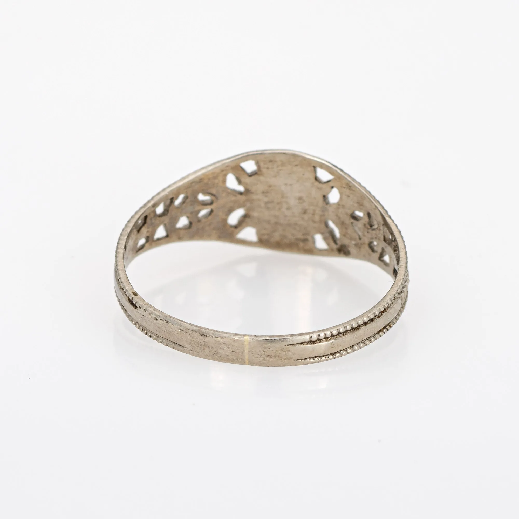 Vintage Art Deco Baby Ring Letter R Signet 10k White Gold Filigree Sz 2.75 Midi