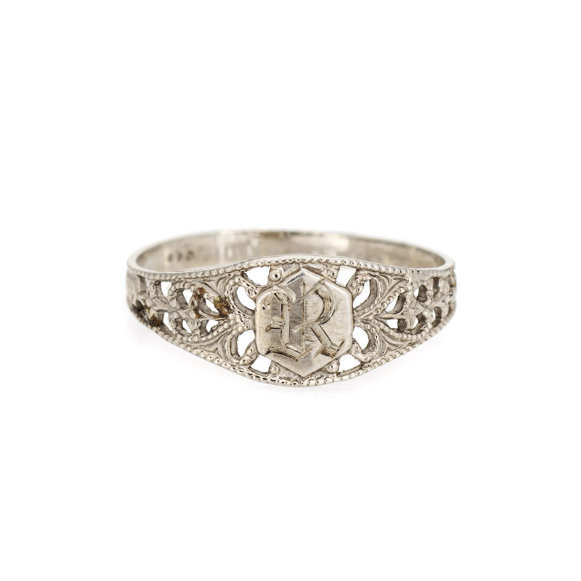 Vintage Art Deco Baby Ring Letter R Signet 10k White Gold Filigree Sz 2.75 Midi