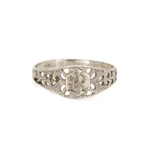 Vintage Art Deco Baby Ring Letter R Signet 10k White Gold Filigree Sz 2.75 Midi