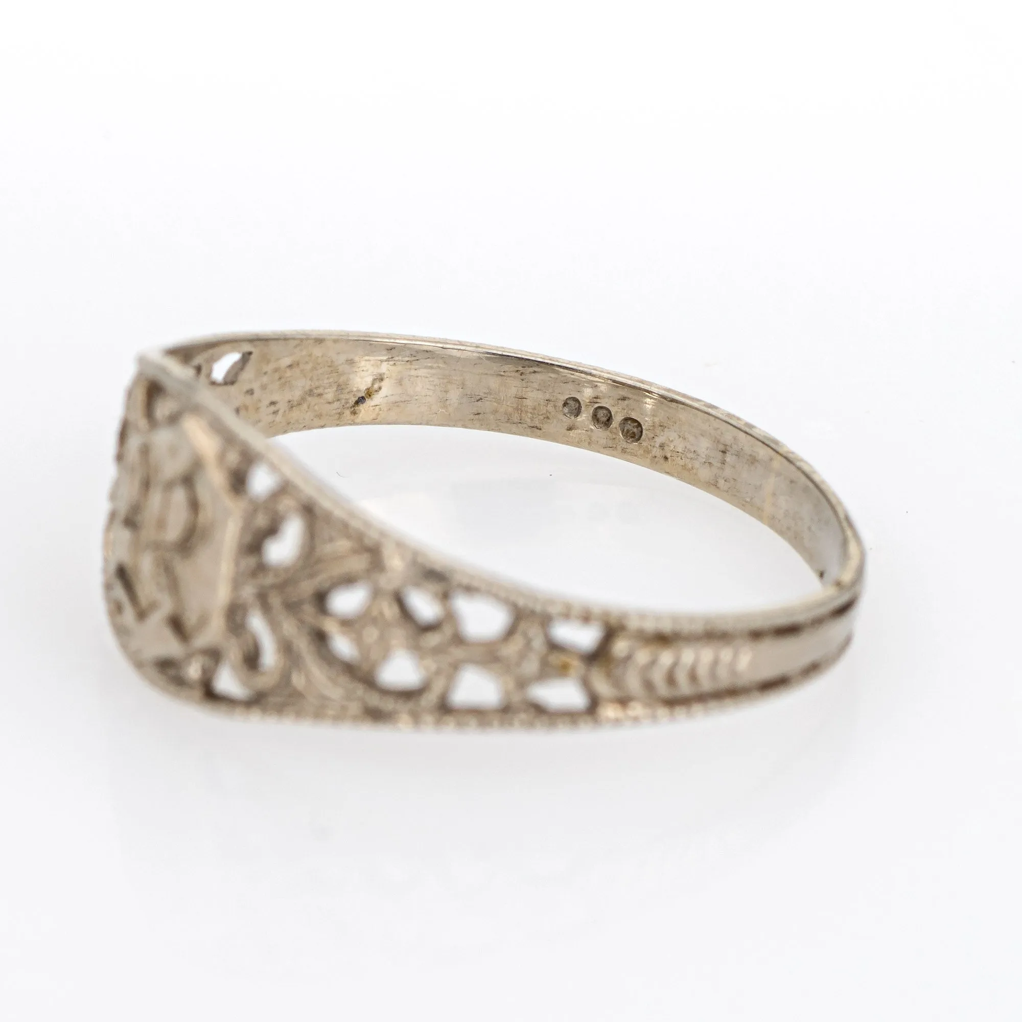 Vintage Art Deco Baby Ring Letter R Signet 10k White Gold Filigree Sz 2.75 Midi