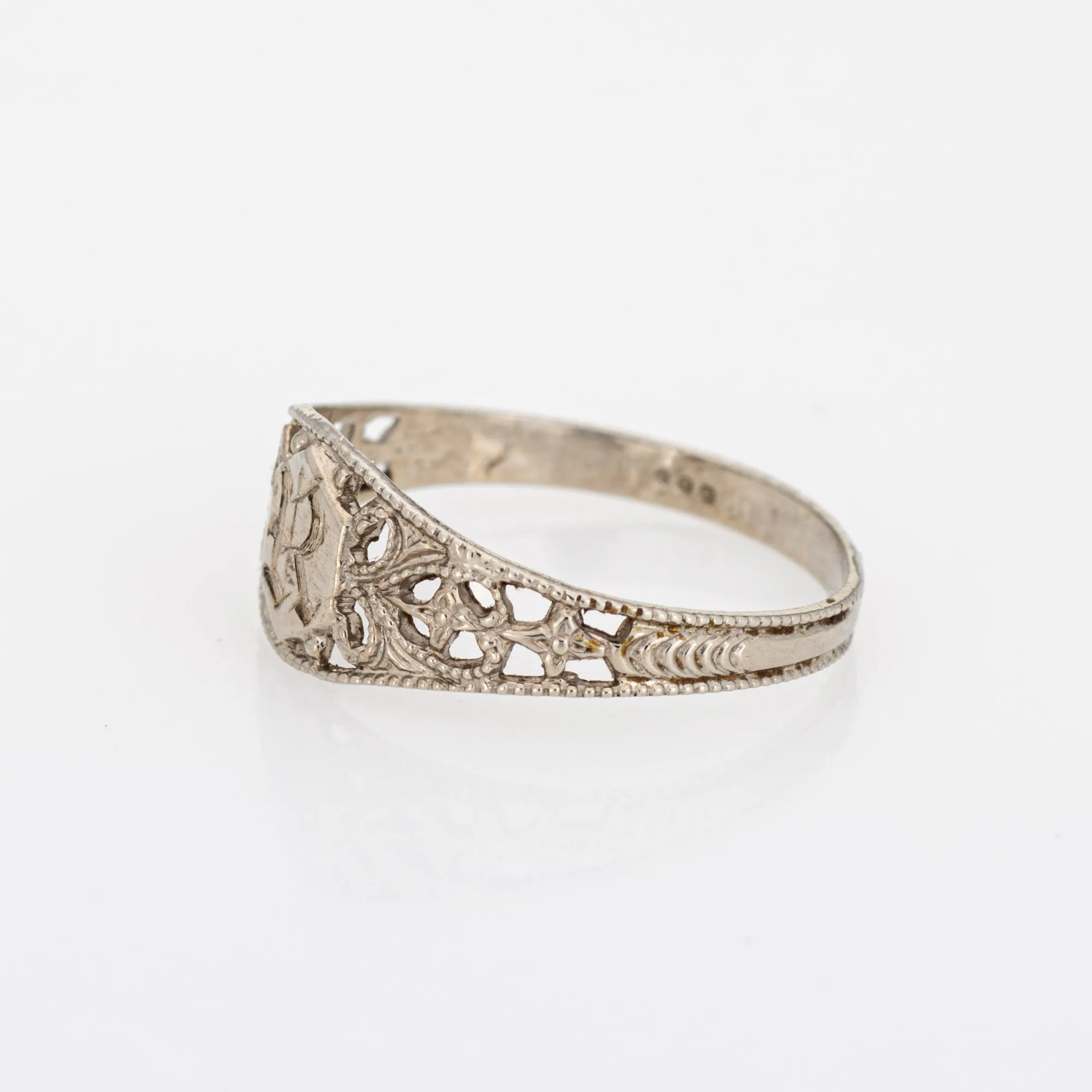 Vintage Art Deco Baby Ring Letter R Signet 10k White Gold Filigree Sz 2.75 Midi