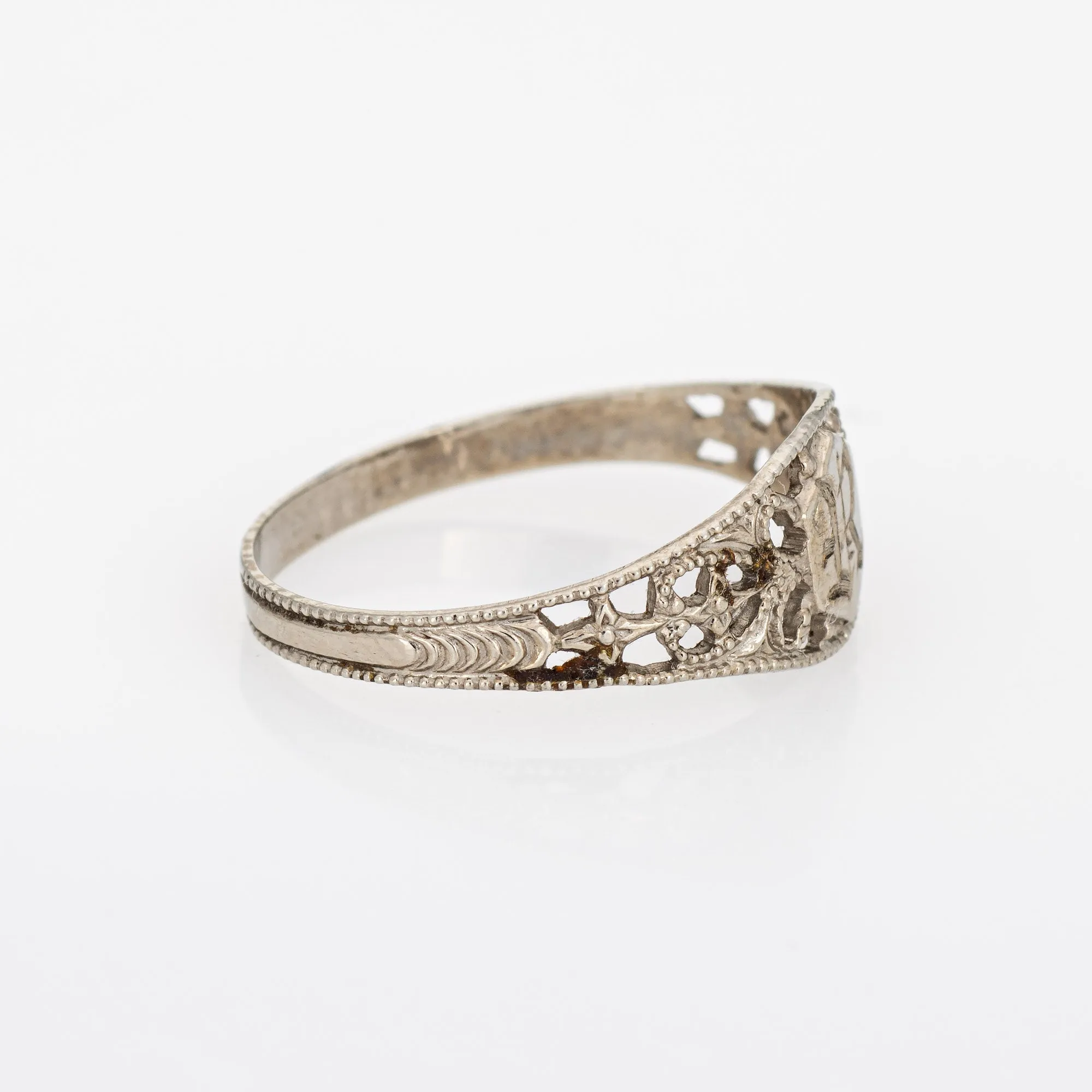 Vintage Art Deco Baby Ring Letter R Signet 10k White Gold Filigree Sz 2.75 Midi