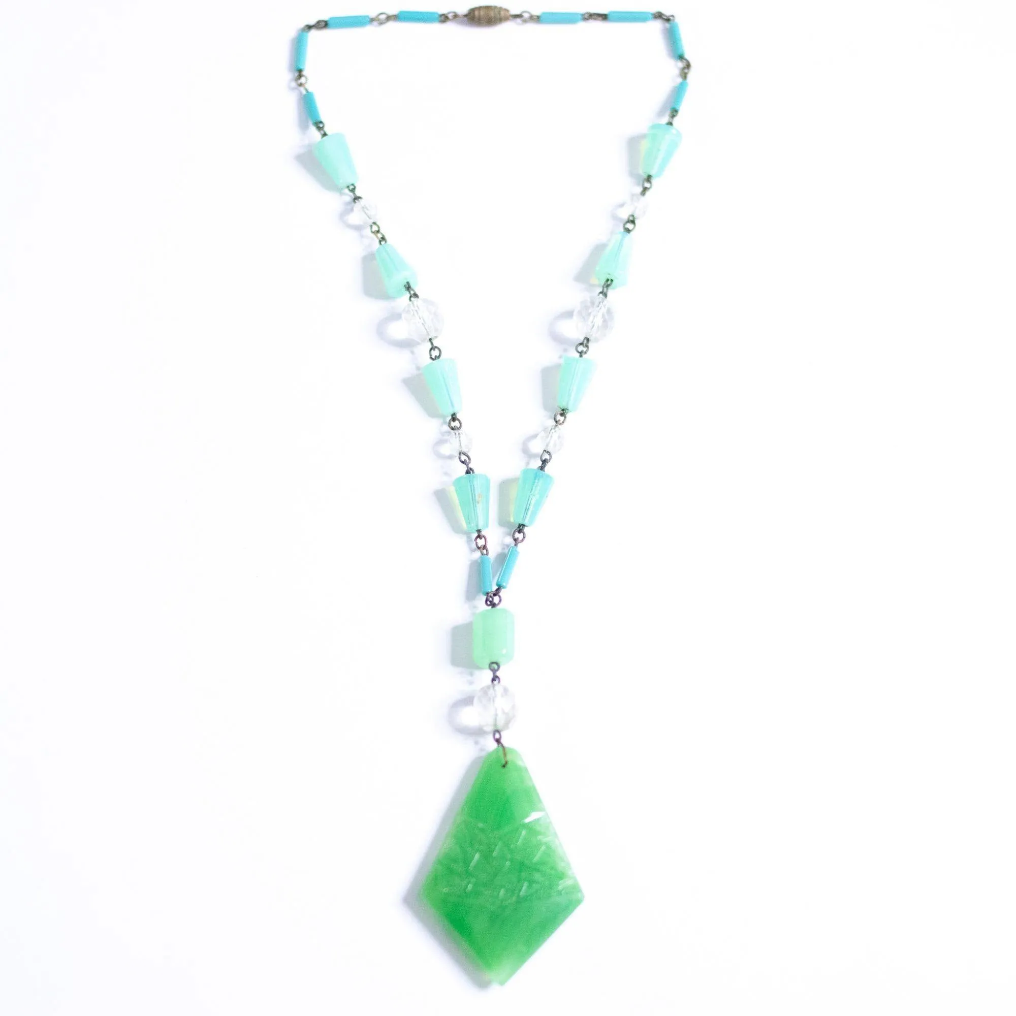 Vintage Art Deco Czech Vaseline Glass and Jade Glass Necklace