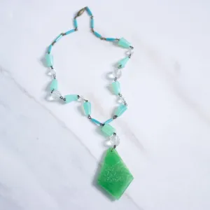 Vintage Art Deco Czech Vaseline Glass and Jade Glass Necklace