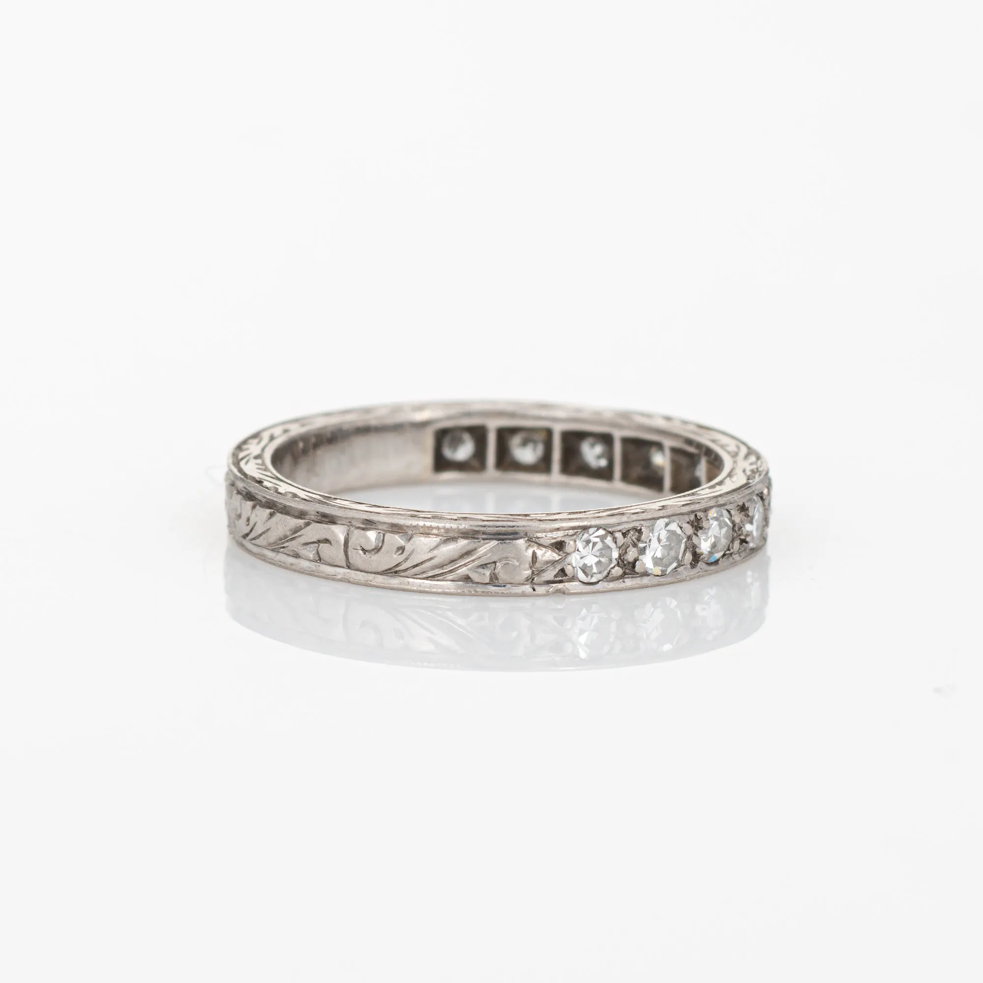 Vintage Art Deco Diamond Band Sz 4.5 14k White Gold Wedding Ring Estate Jewelry