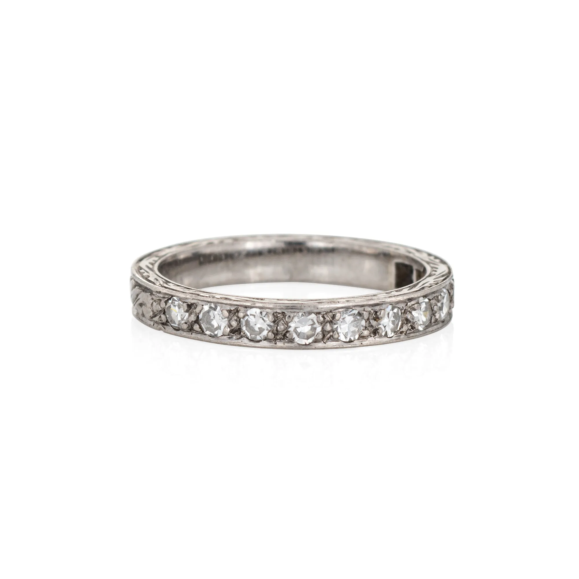 Vintage Art Deco Diamond Band Sz 4.5 14k White Gold Wedding Ring Estate Jewelry