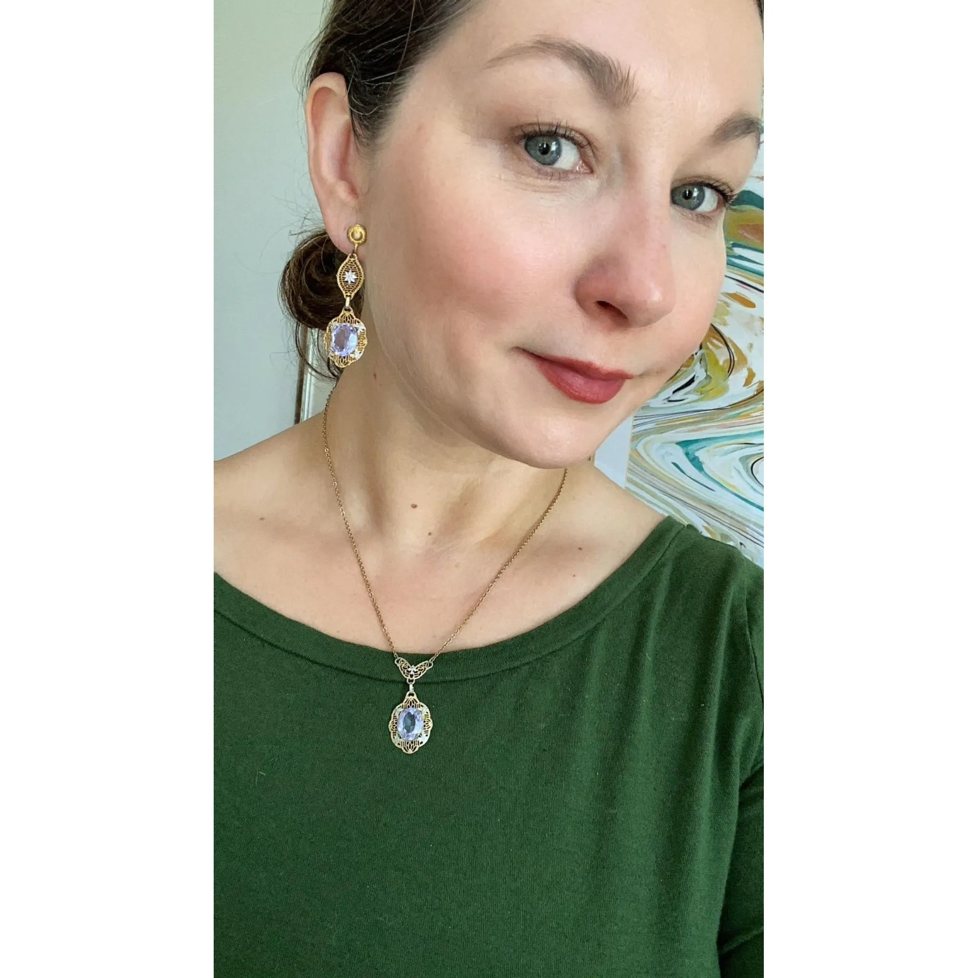 Vintage Art Deco Filigree Silver and Gold Alexandrite Dangling Earrings