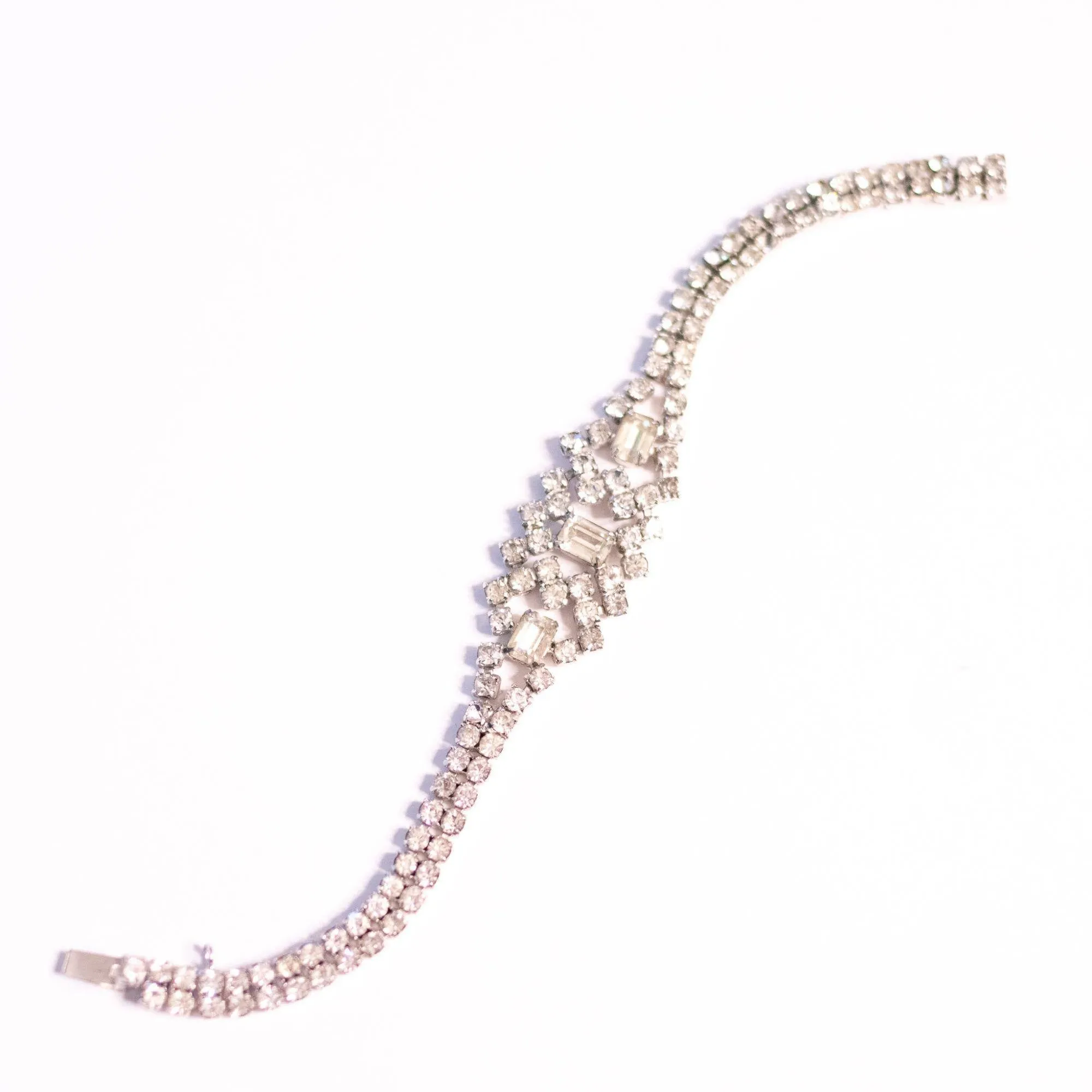 Vintage Art Deco Rhinestone Bracelet  with Emerald Cut Center Stone