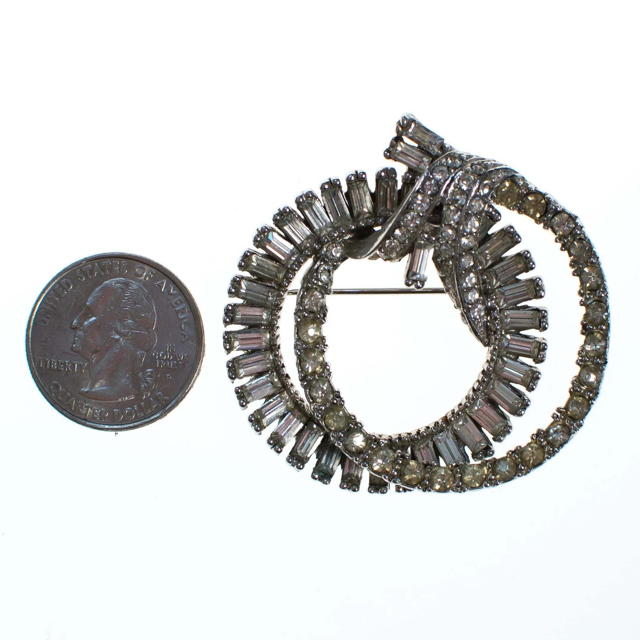 Vintage Art Deco Rhinestone Interlocking Circle Brooch Rhodium Plated Silver Tone with Baguette Rhinestones