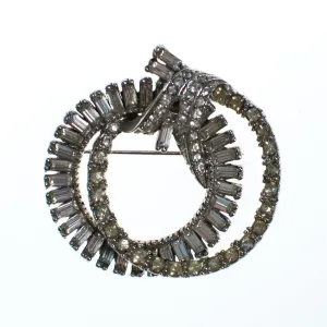 Vintage Art Deco Rhinestone Interlocking Circle Brooch Rhodium Plated Silver Tone with Baguette Rhinestones