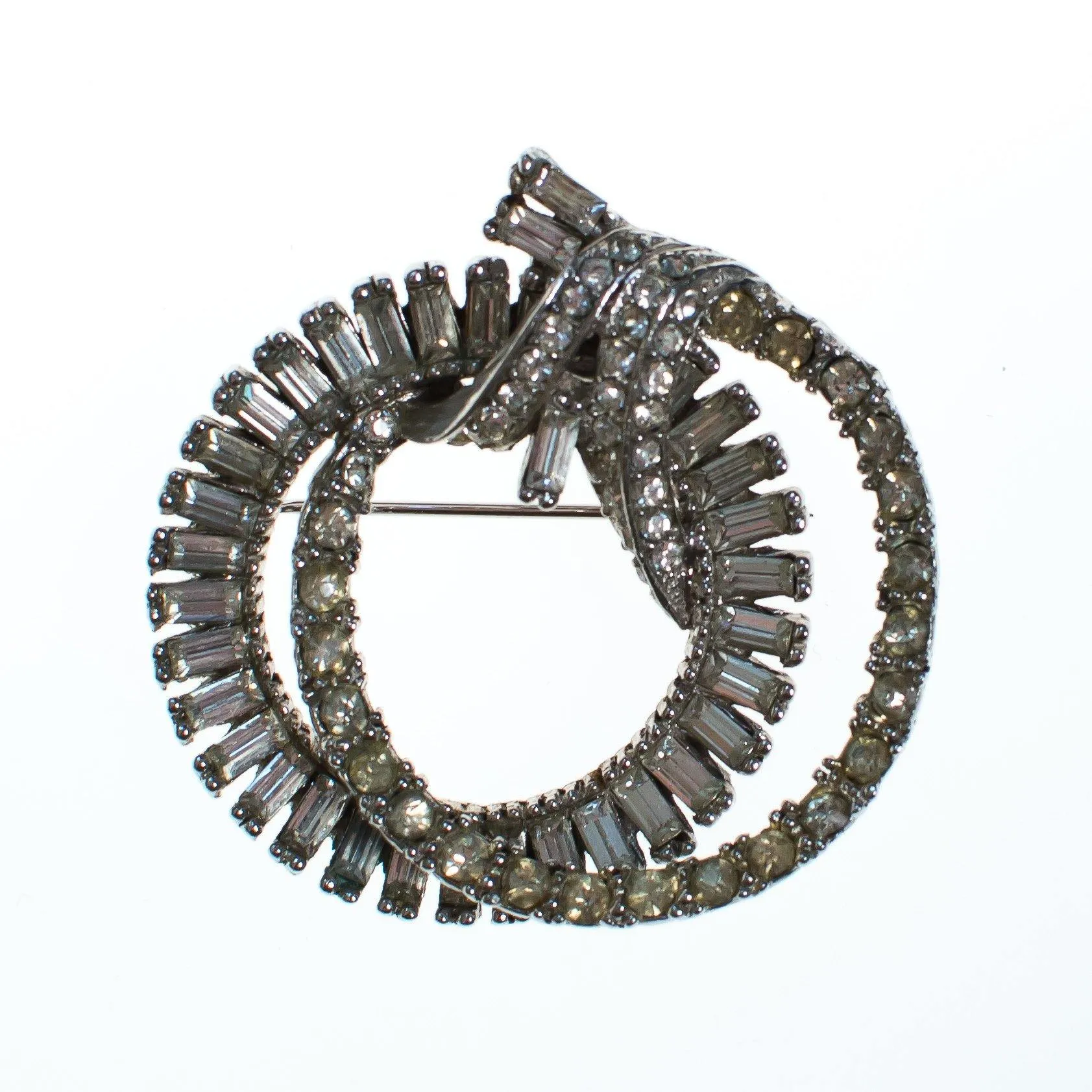 Vintage Art Deco Rhinestone Interlocking Circle Brooch Rhodium Plated Silver Tone with Baguette Rhinestones