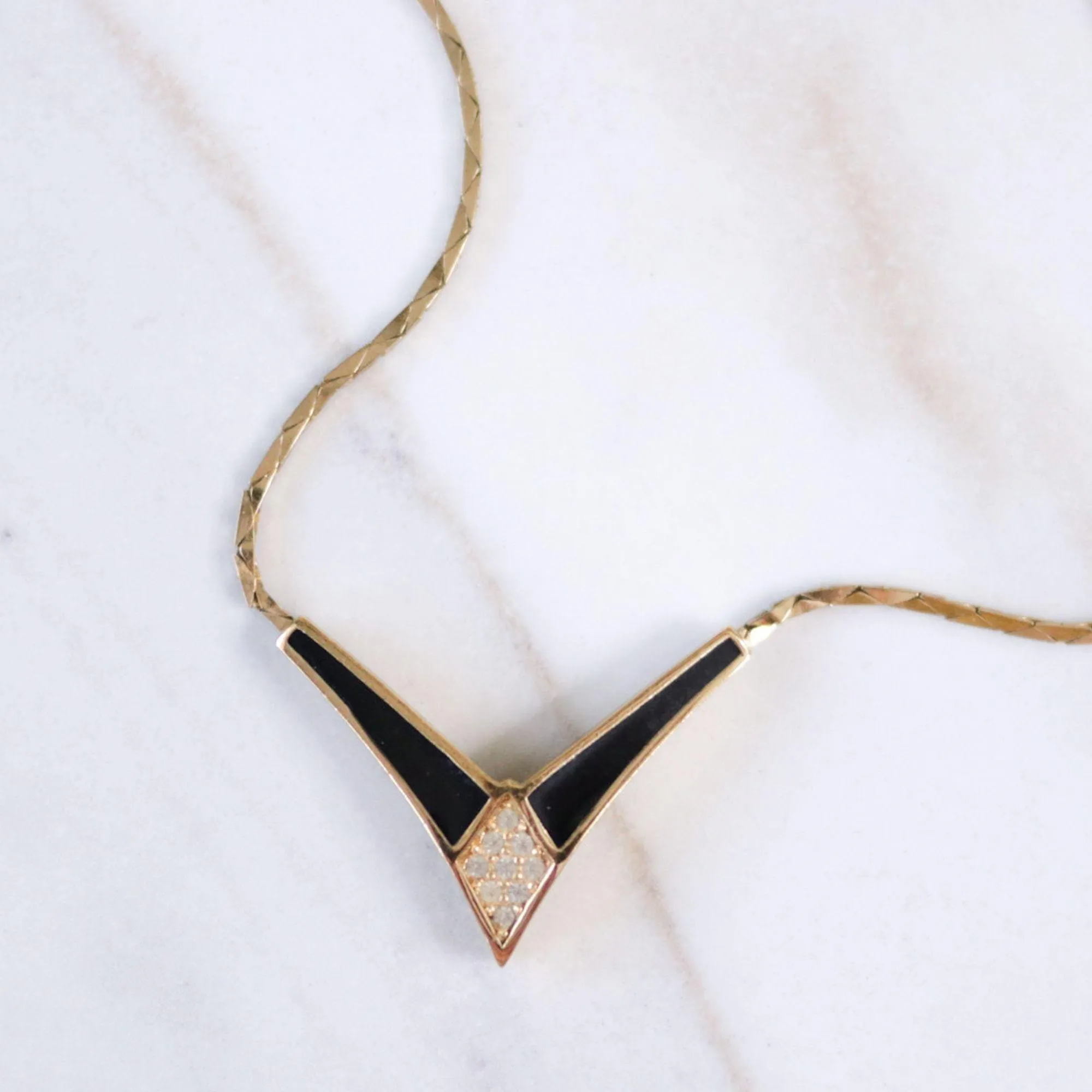 Vintage Christian Dior Art Deco Style Black Enamel with Pave Crystal "V" Necklace