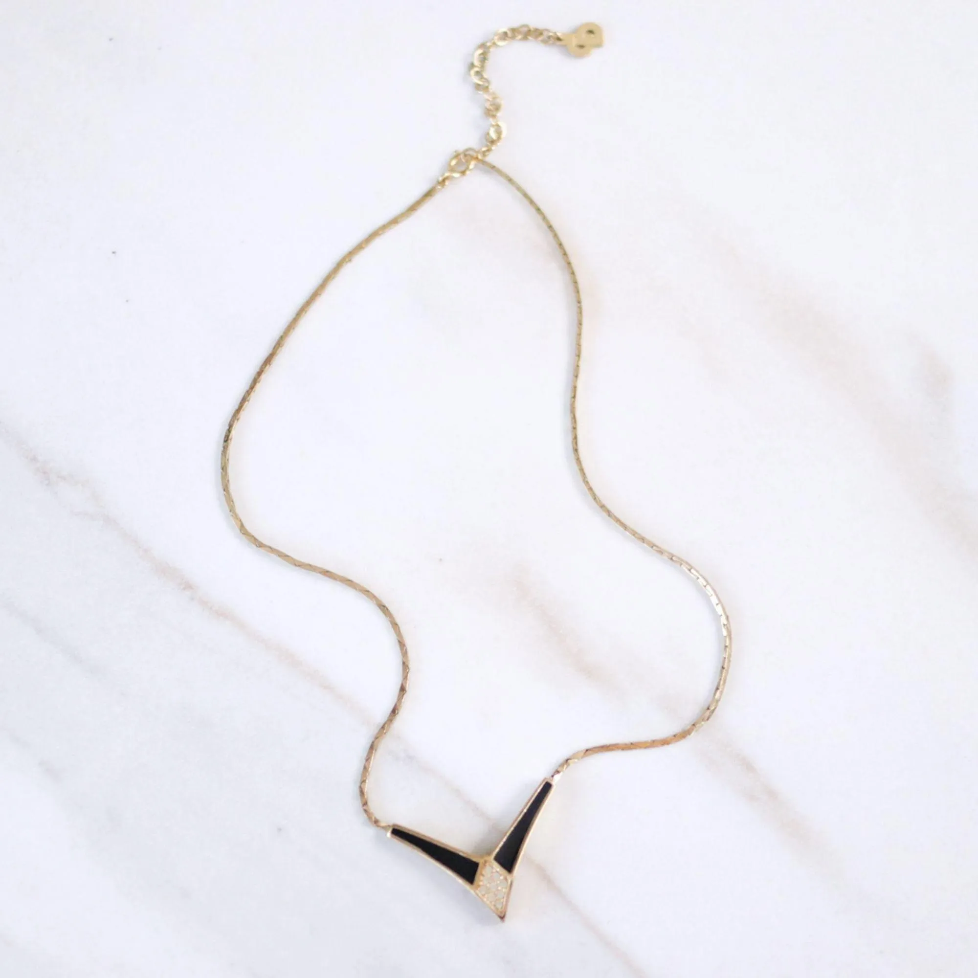 Vintage Christian Dior Art Deco Style Black Enamel with Pave Crystal "V" Necklace