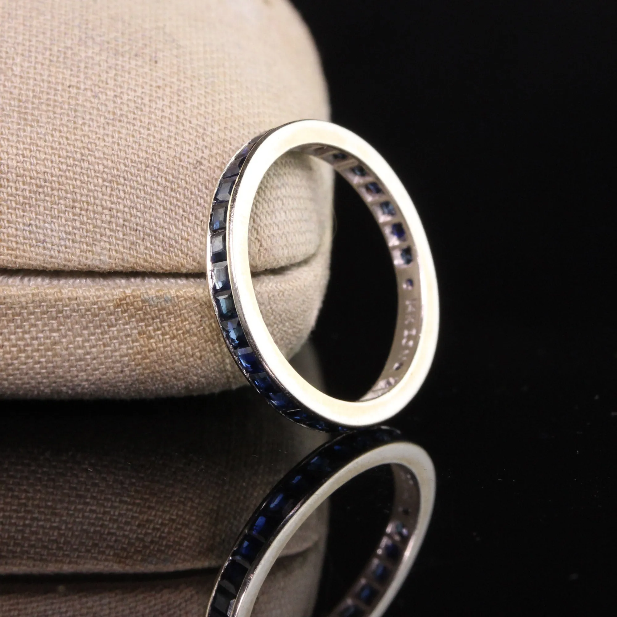 Vintage Estate 14K White Gold Square Cut Sapphire Eternity Wedding Band