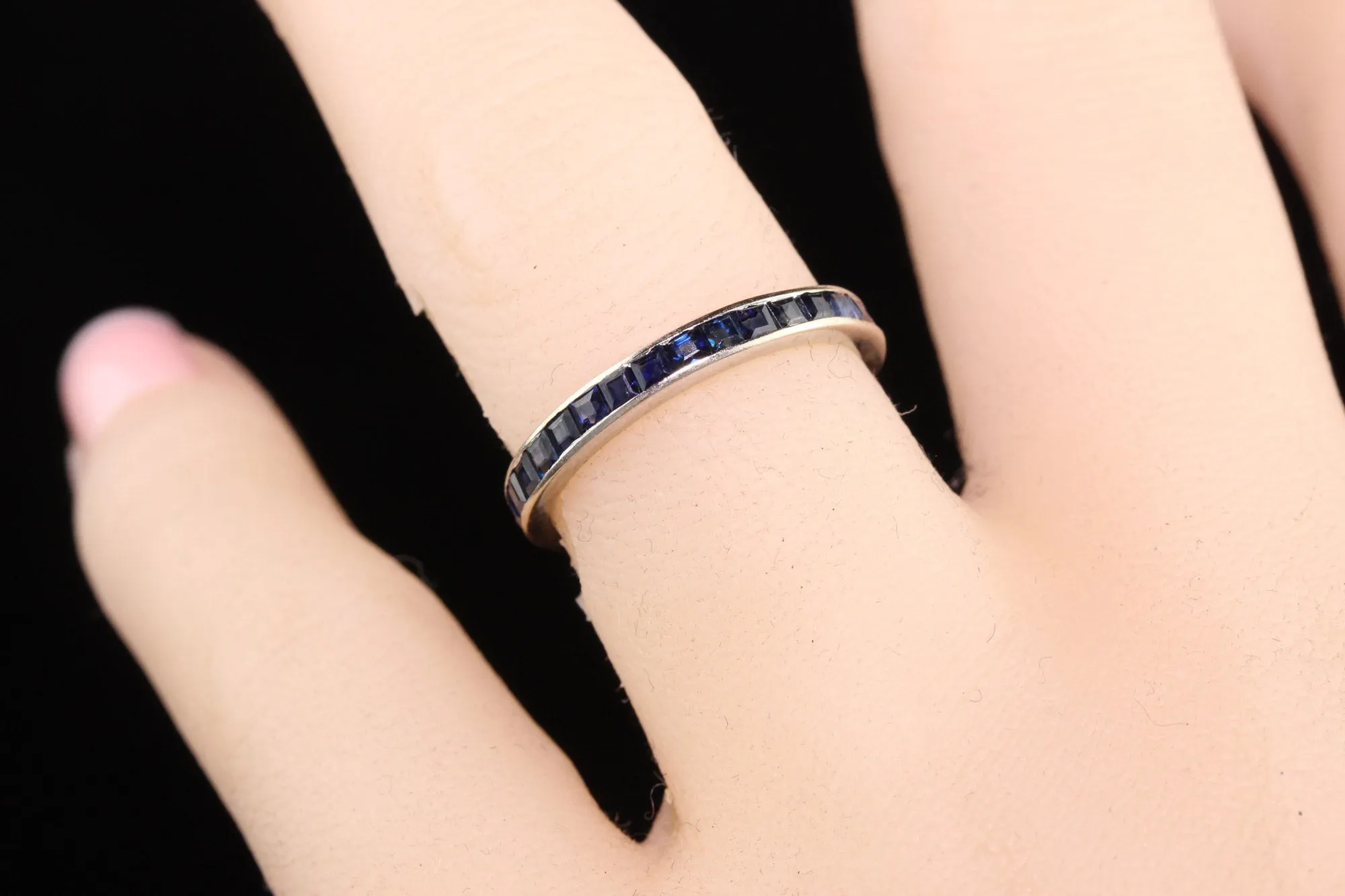 Vintage Estate 14K White Gold Square Cut Sapphire Eternity Wedding Band