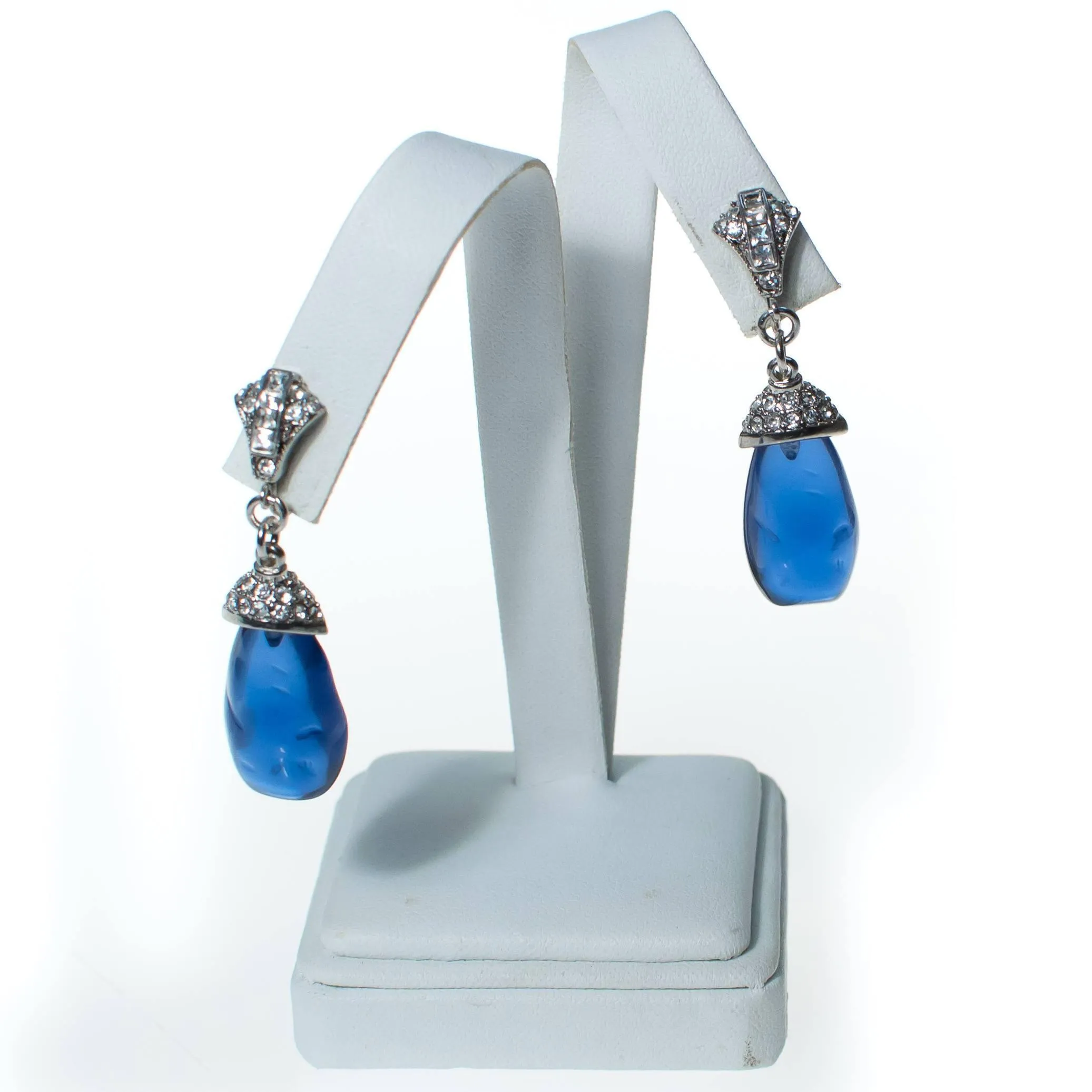 Vintage KJL Kenneth Jay Lane Blue Art Deco Style Crystal and Rhinestone Dangling Earrings