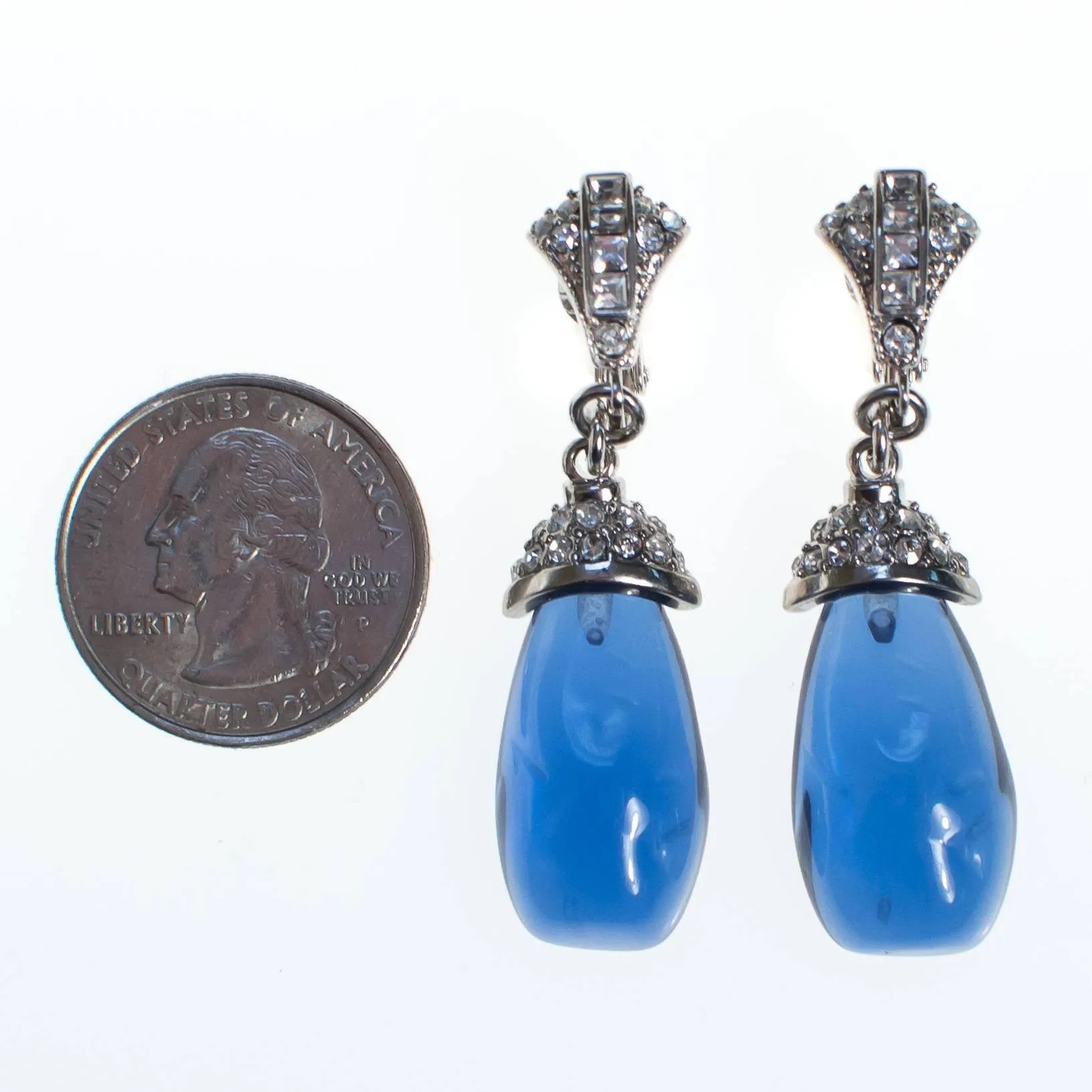 Vintage KJL Kenneth Jay Lane Blue Art Deco Style Crystal and Rhinestone Dangling Earrings