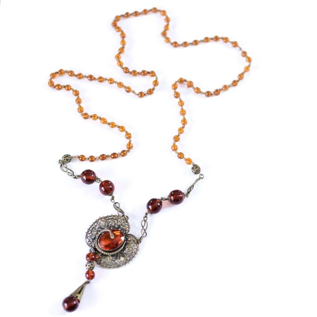 Vintage Long Art Deco Amber Glass Necklace with Brass Accent with Serpent