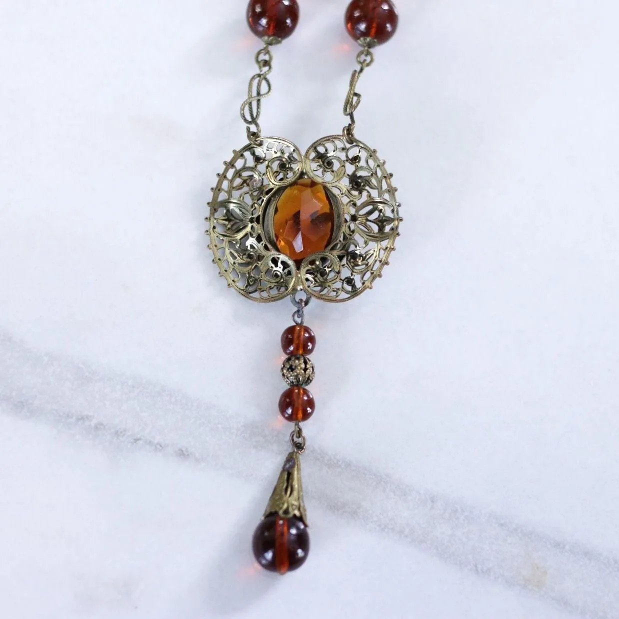 Vintage Long Art Deco Amber Glass Necklace with Brass Accent with Serpent