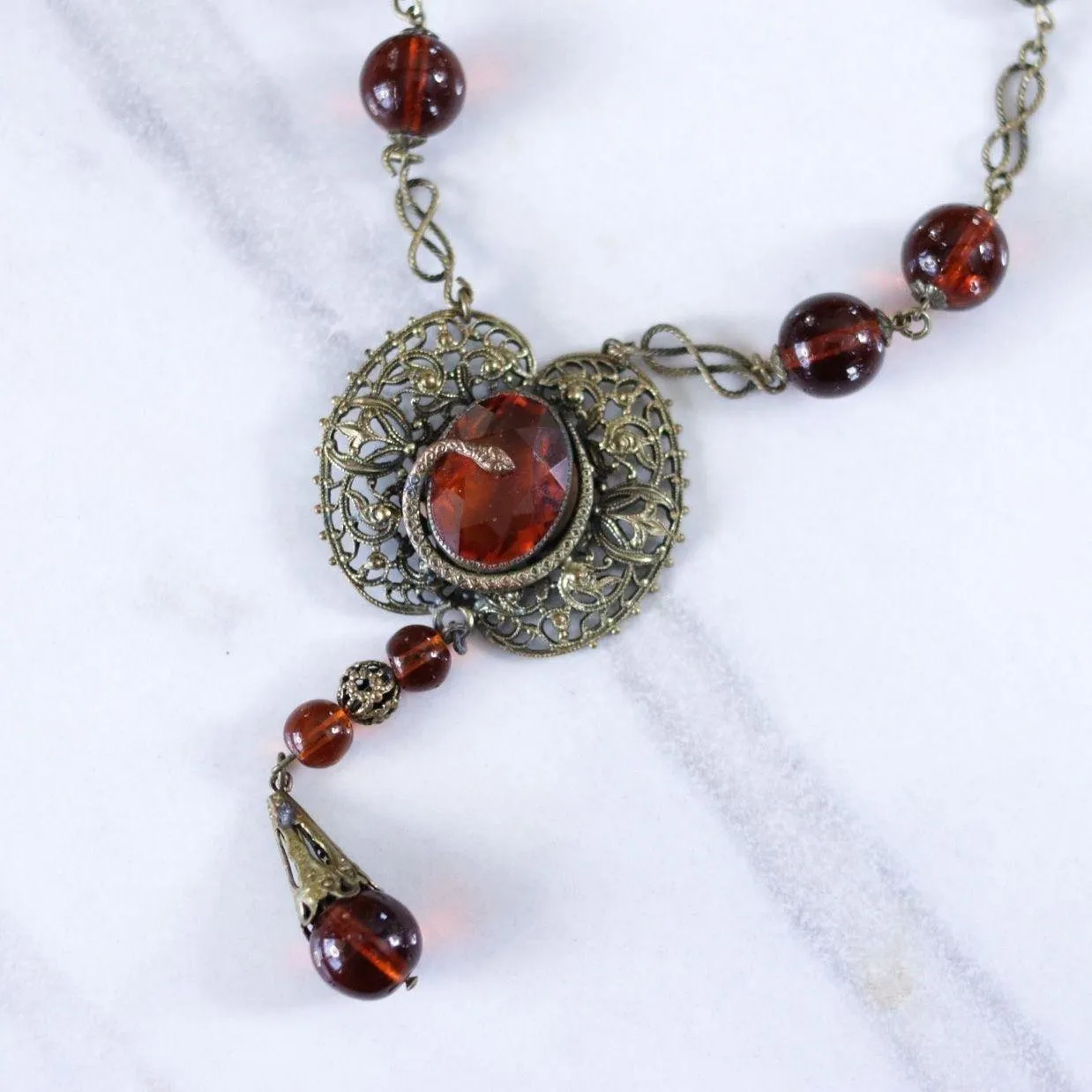 Vintage Long Art Deco Amber Glass Necklace with Brass Accent with Serpent