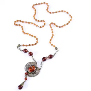 Vintage Long Art Deco Amber Glass Necklace with Brass Accent with Serpent