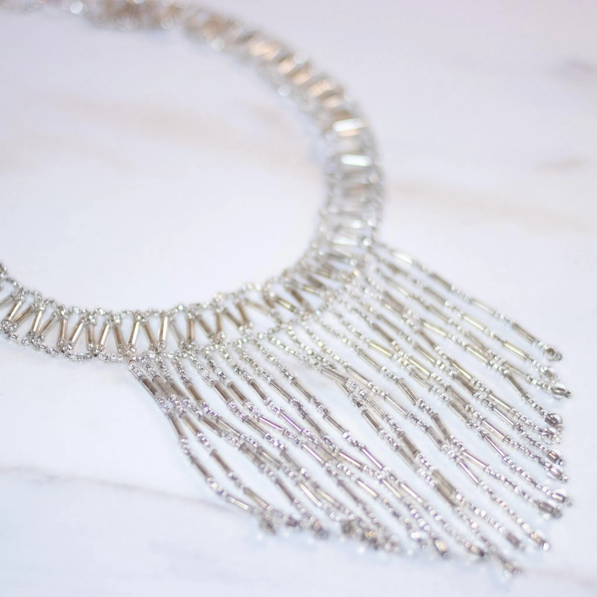 Vintage Silver Glass Bead Tassel Necklace