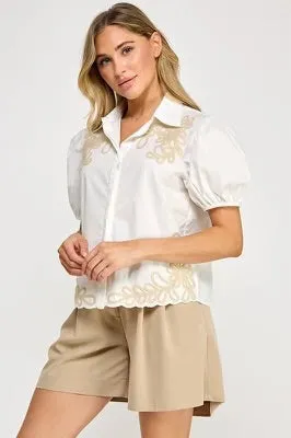WHITE AND BEIGE EMBROIDERED TOP