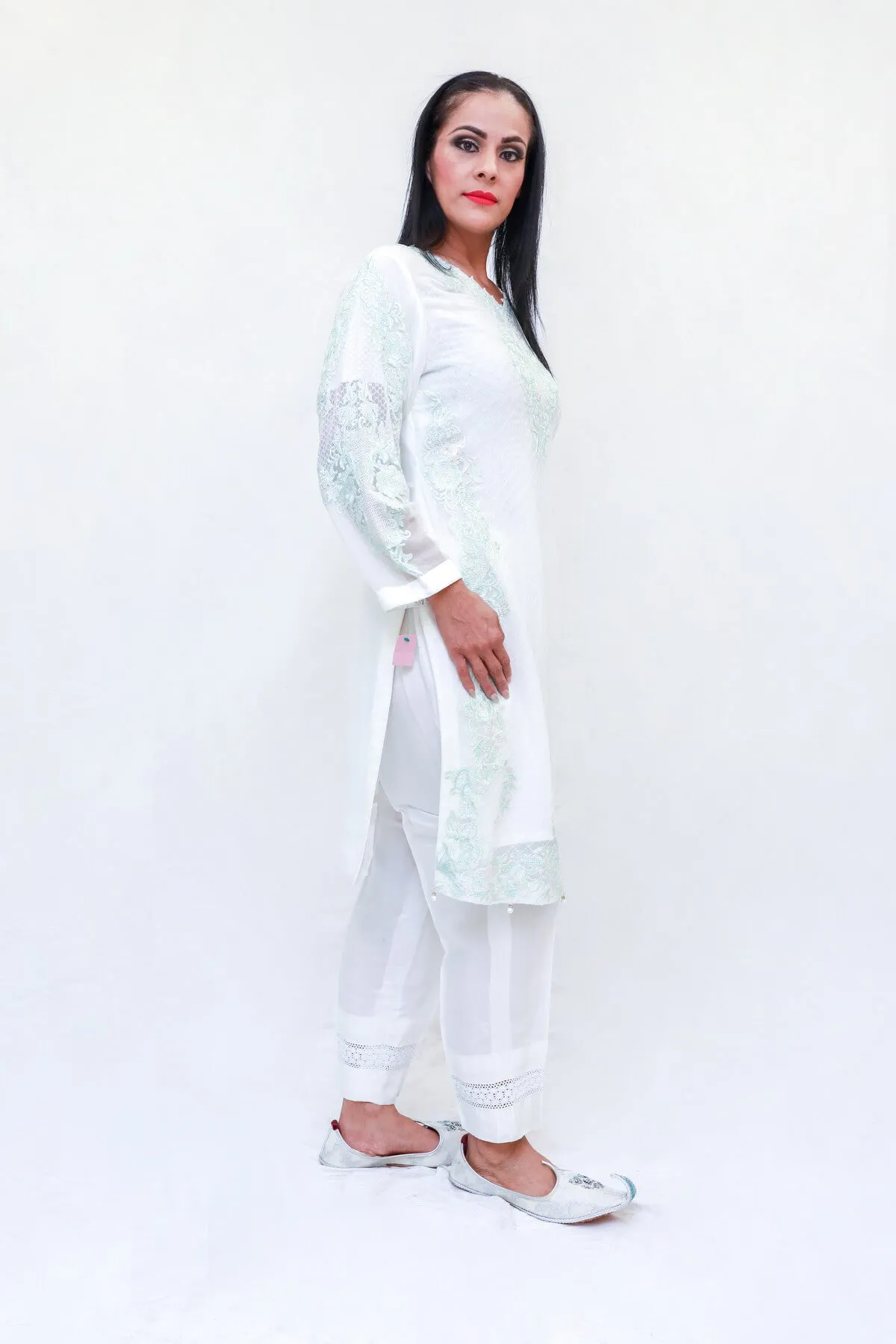 White Chiffon Embroidered Salwar Kameez- Suit