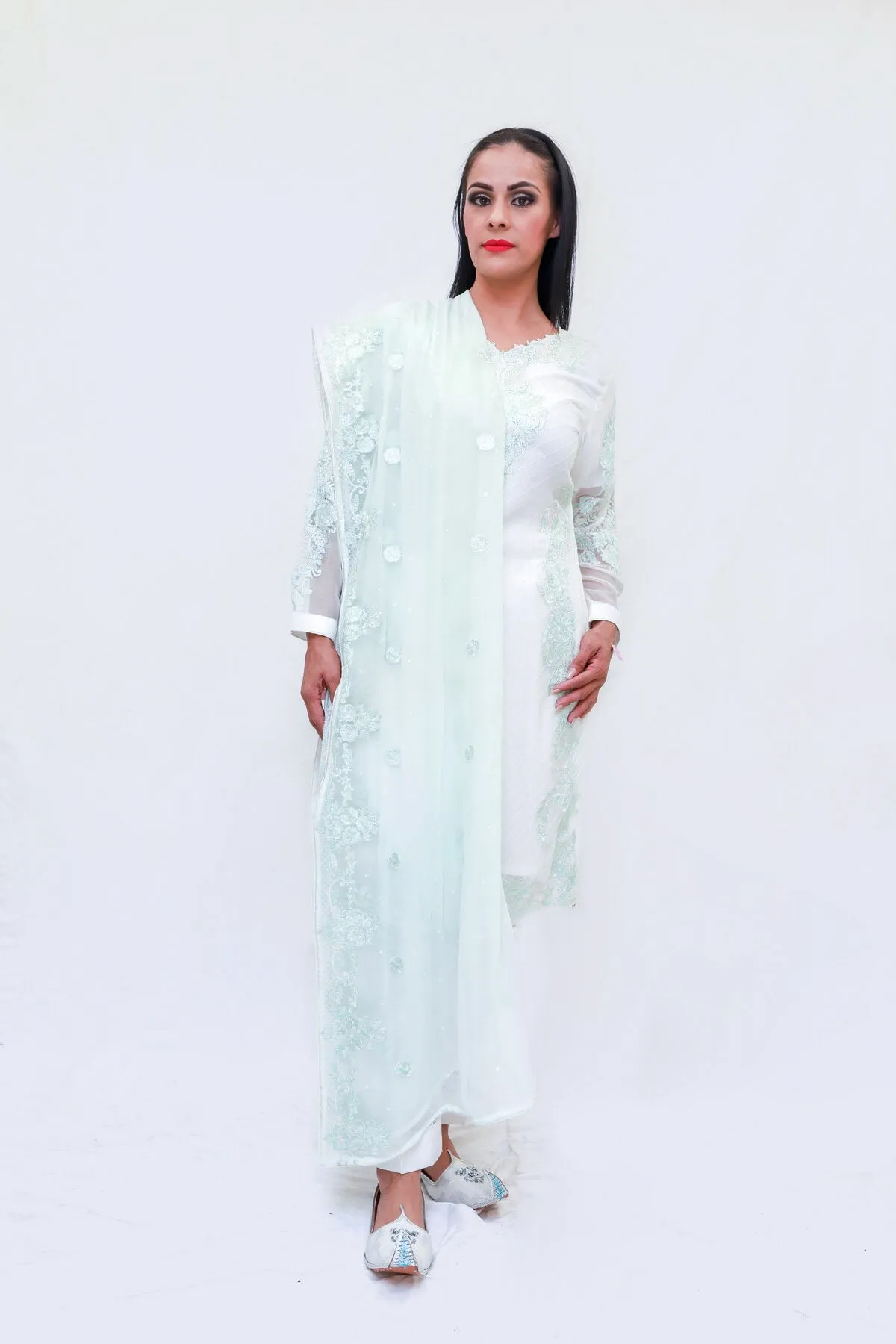 White Chiffon Embroidered Salwar Kameez- Suit