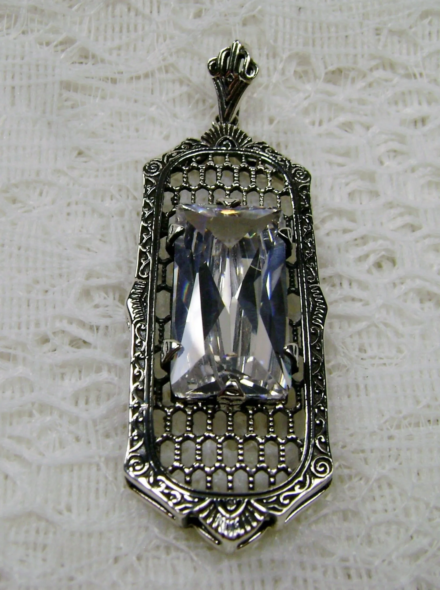 White CZ Necklace, Art Deco Pendant, Baguette Gem, 1930s Reproduction Jewelry, Baguette P16