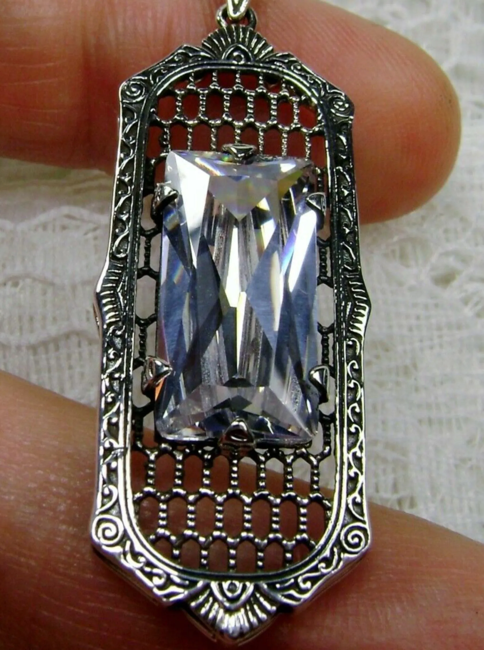 White CZ Necklace, Art Deco Pendant, Baguette Gem, 1930s Reproduction Jewelry, Baguette P16