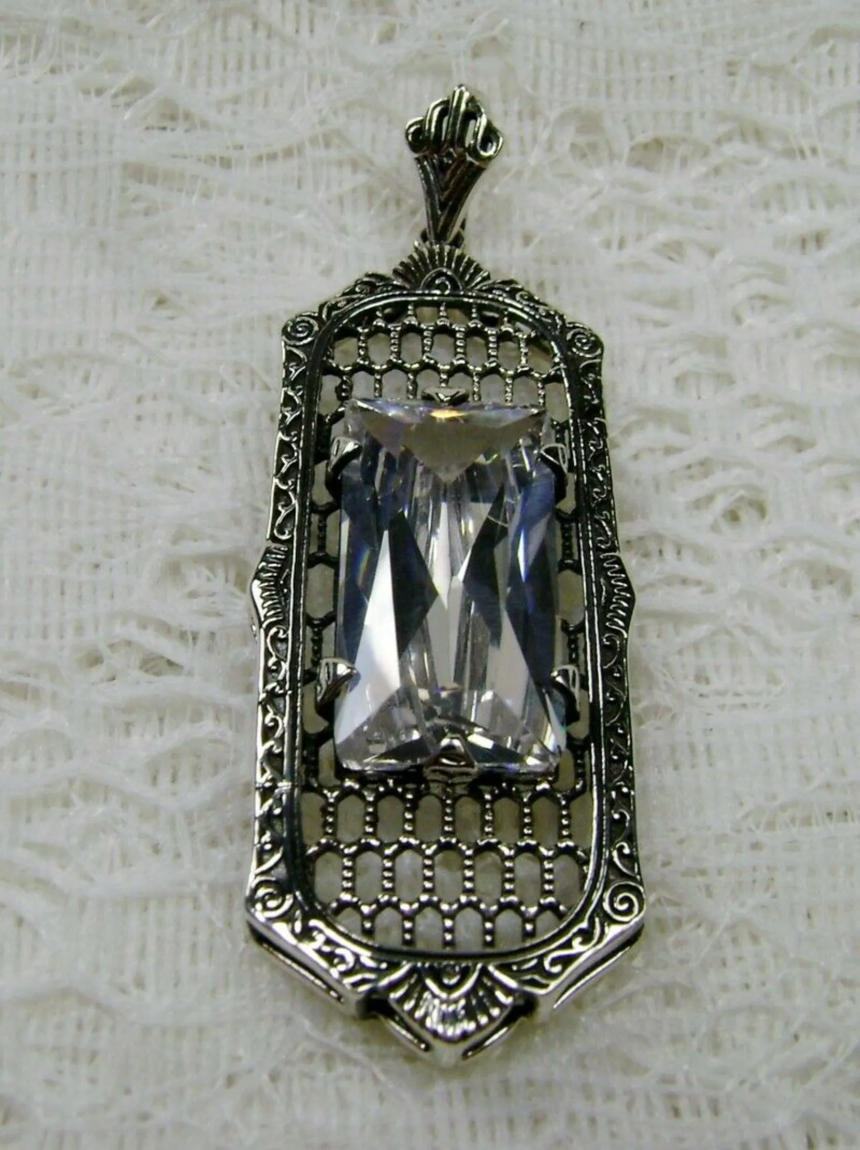 White CZ Necklace, Art Deco Pendant, Baguette Gem, 1930s Reproduction Jewelry, Baguette P16