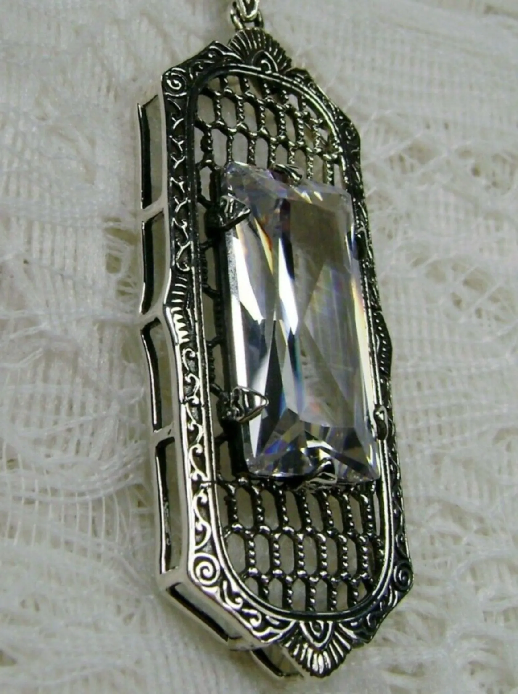 White CZ Necklace, Art Deco Pendant, Baguette Gem, 1930s Reproduction Jewelry, Baguette P16
