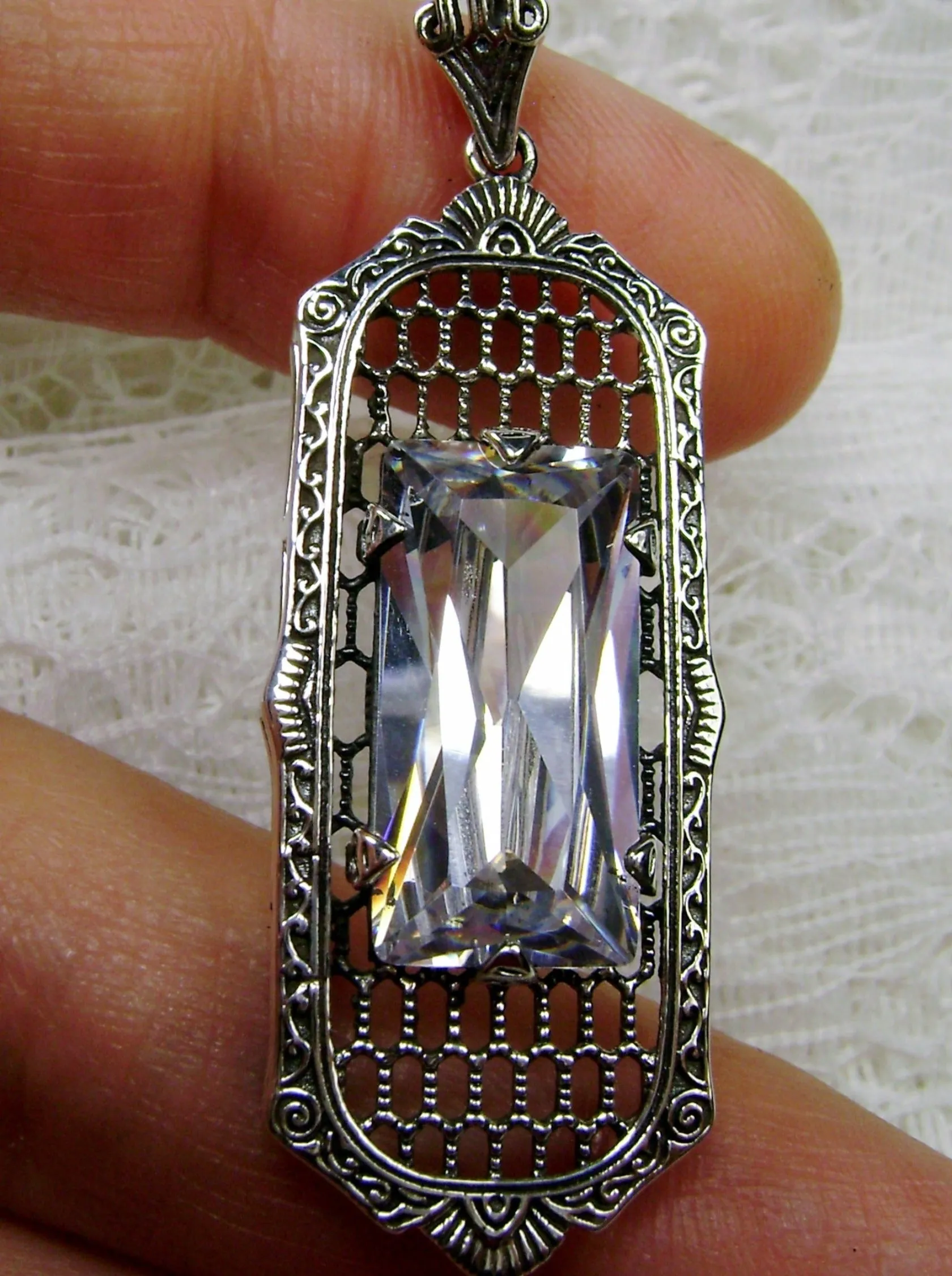 White CZ Necklace, Art Deco Pendant, Baguette Gem, 1930s Reproduction Jewelry, Baguette P16
