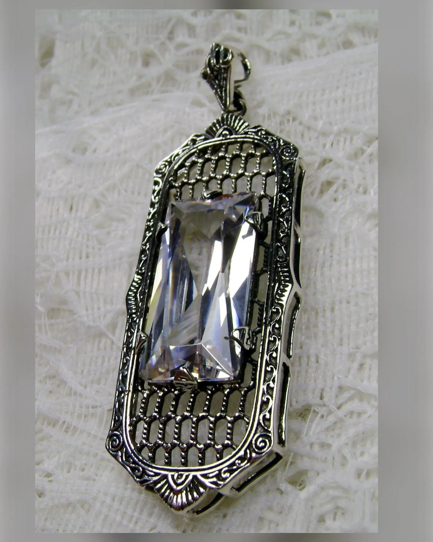 White CZ Necklace, Art Deco Pendant, Baguette Gem, 1930s Reproduction Jewelry, Baguette P16