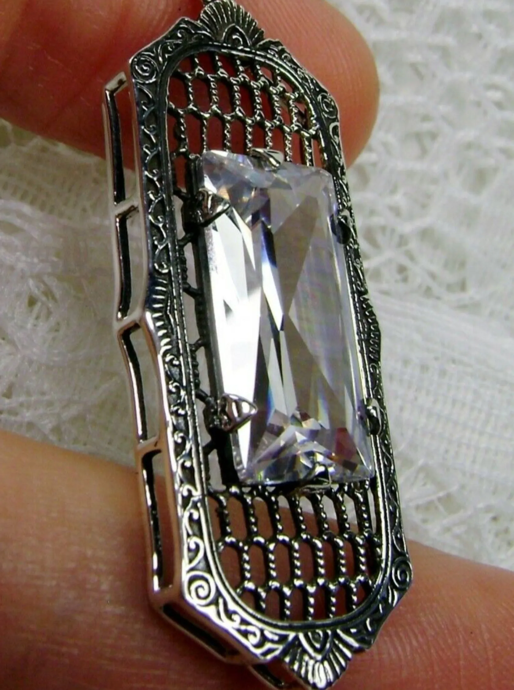 White CZ Necklace, Art Deco Pendant, Baguette Gem, 1930s Reproduction Jewelry, Baguette P16