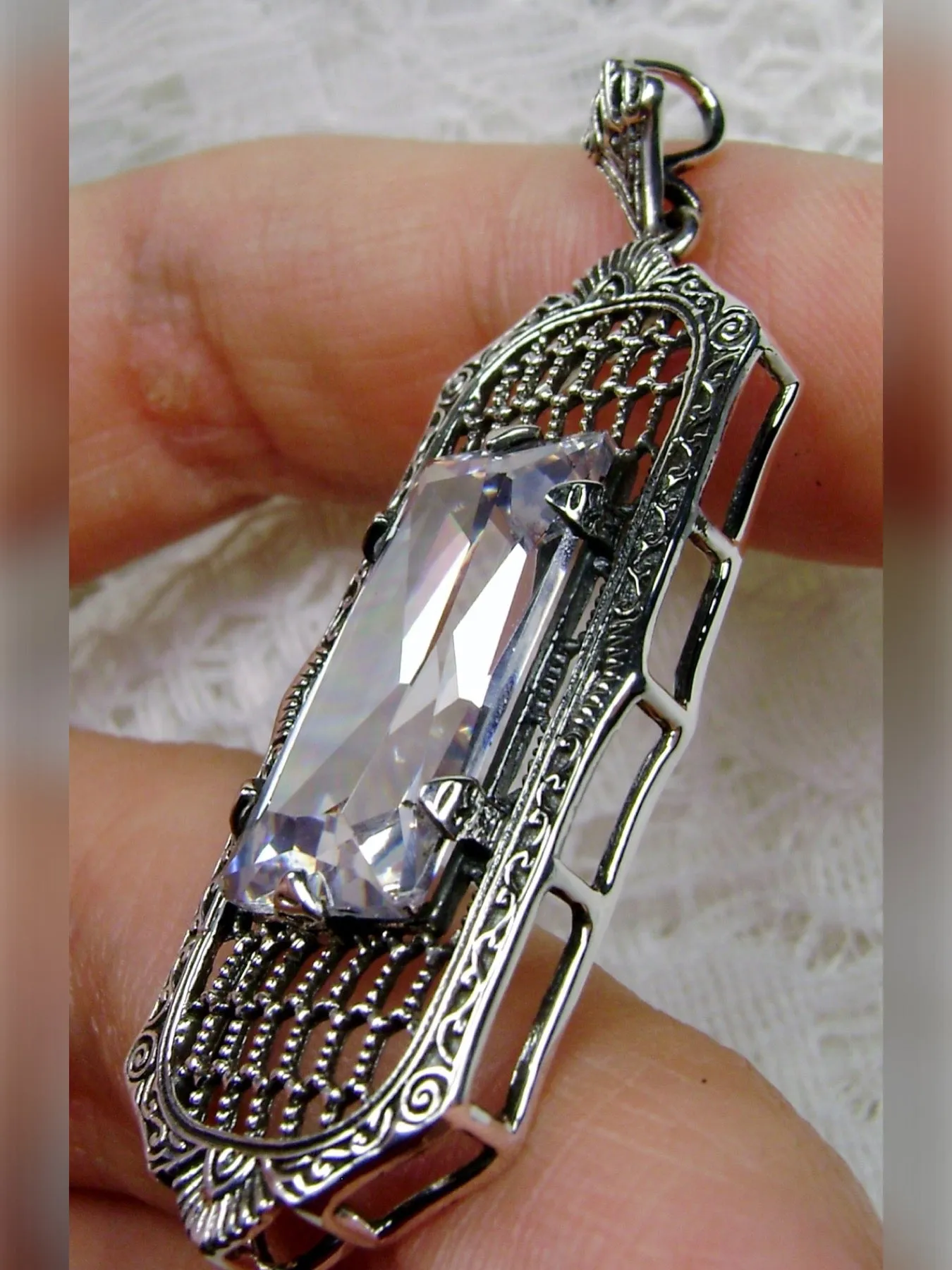 White CZ Necklace, Art Deco Pendant, Baguette Gem, 1930s Reproduction Jewelry, Baguette P16