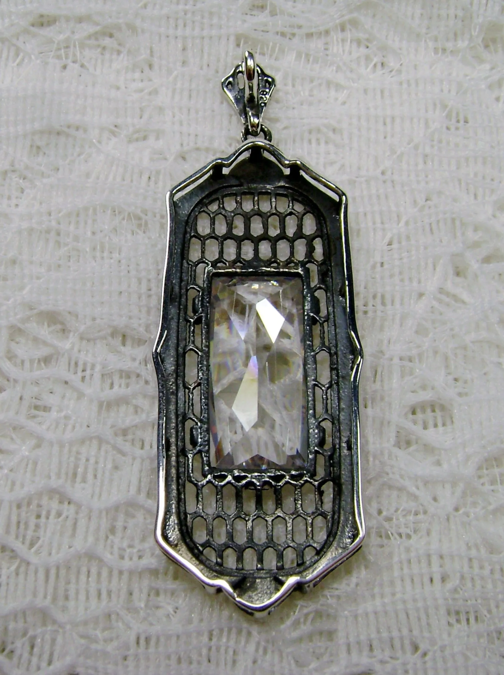 White CZ Necklace, Art Deco Pendant, Baguette Gem, 1930s Reproduction Jewelry, Baguette P16