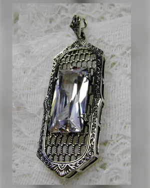 White CZ Necklace, Art Deco Pendant, Baguette Gem, 1930s Reproduction Jewelry, Baguette P16