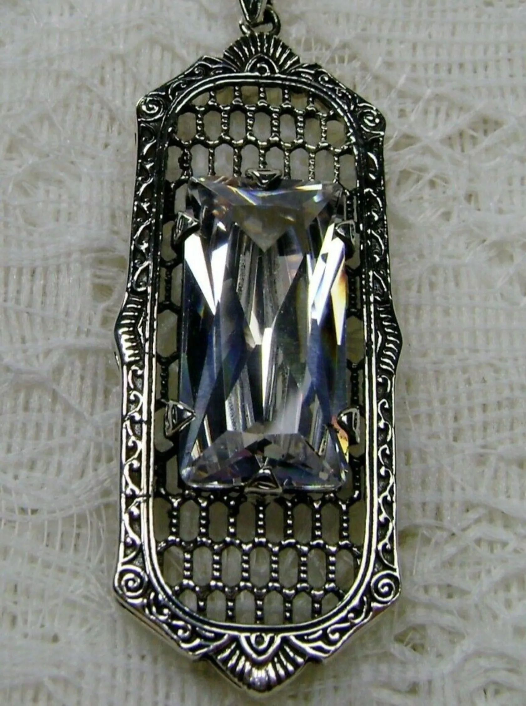 White CZ Necklace, Art Deco Pendant, Baguette Gem, 1930s Reproduction Jewelry, Baguette P16