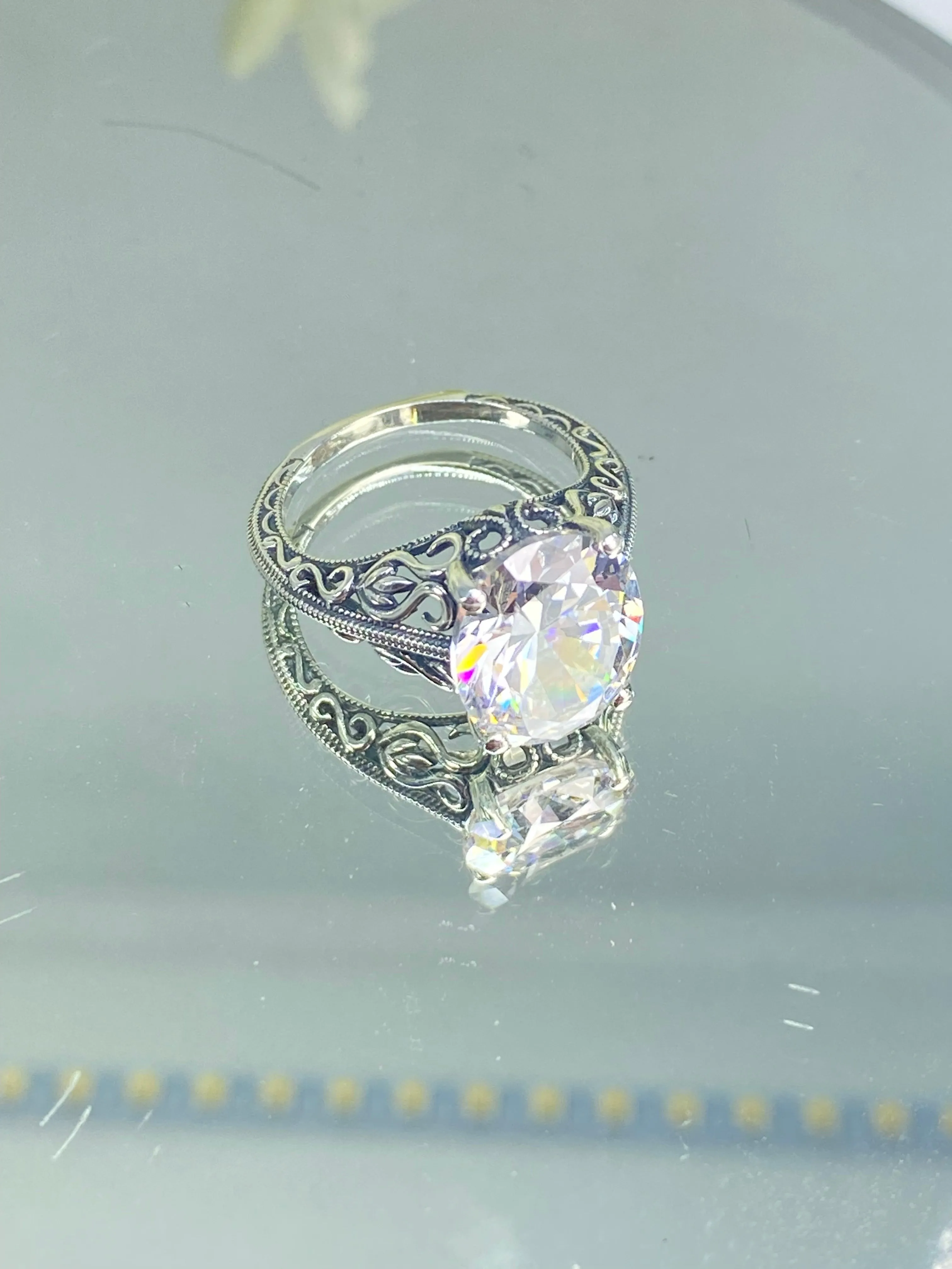 White CZ Ring, Size 7, Swan Filigree, Art Deco Jewelry #D190 - Ready to Ship