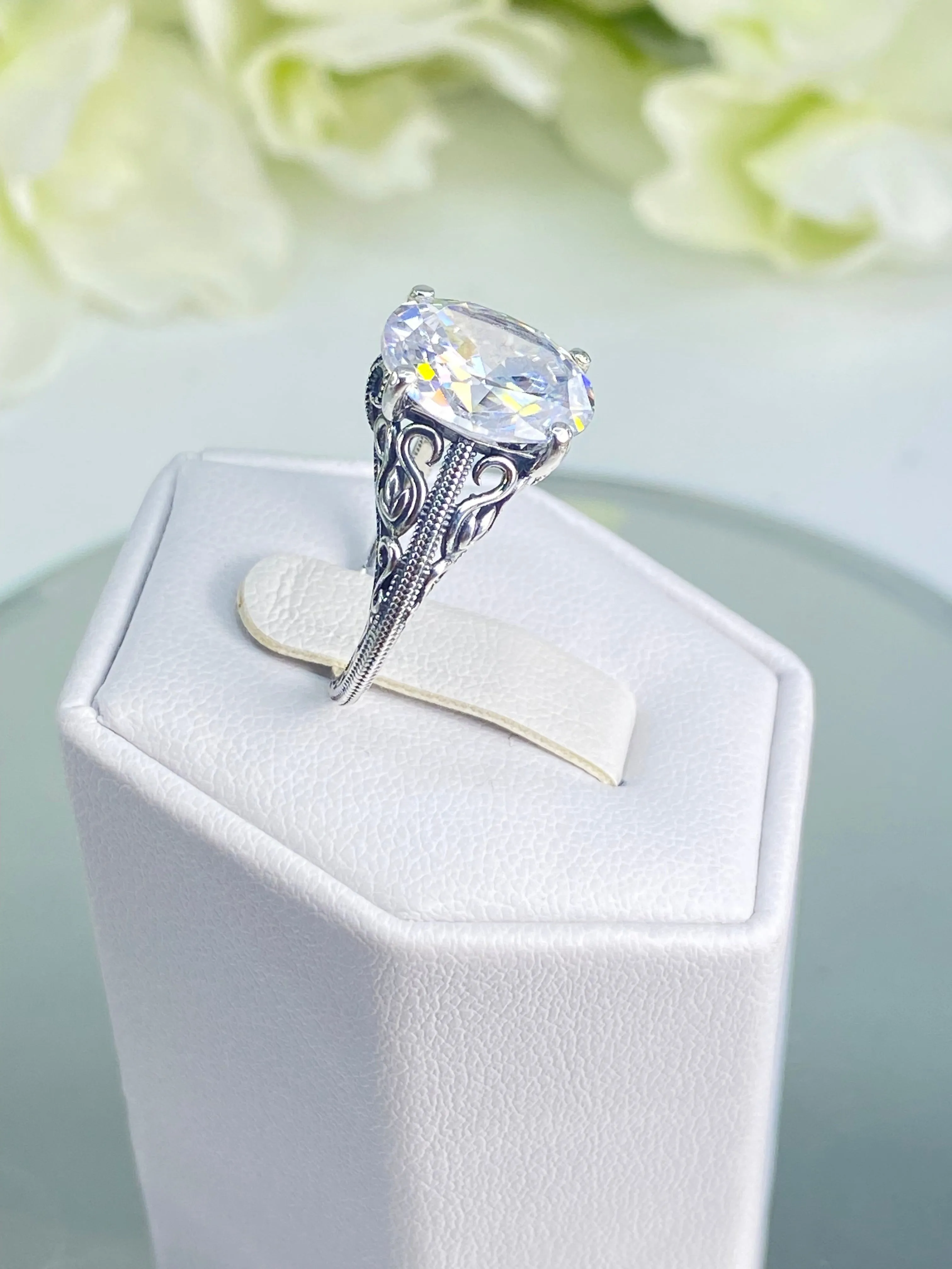 White CZ Ring, Size 7, Swan Filigree, Art Deco Jewelry #D190 - Ready to Ship
