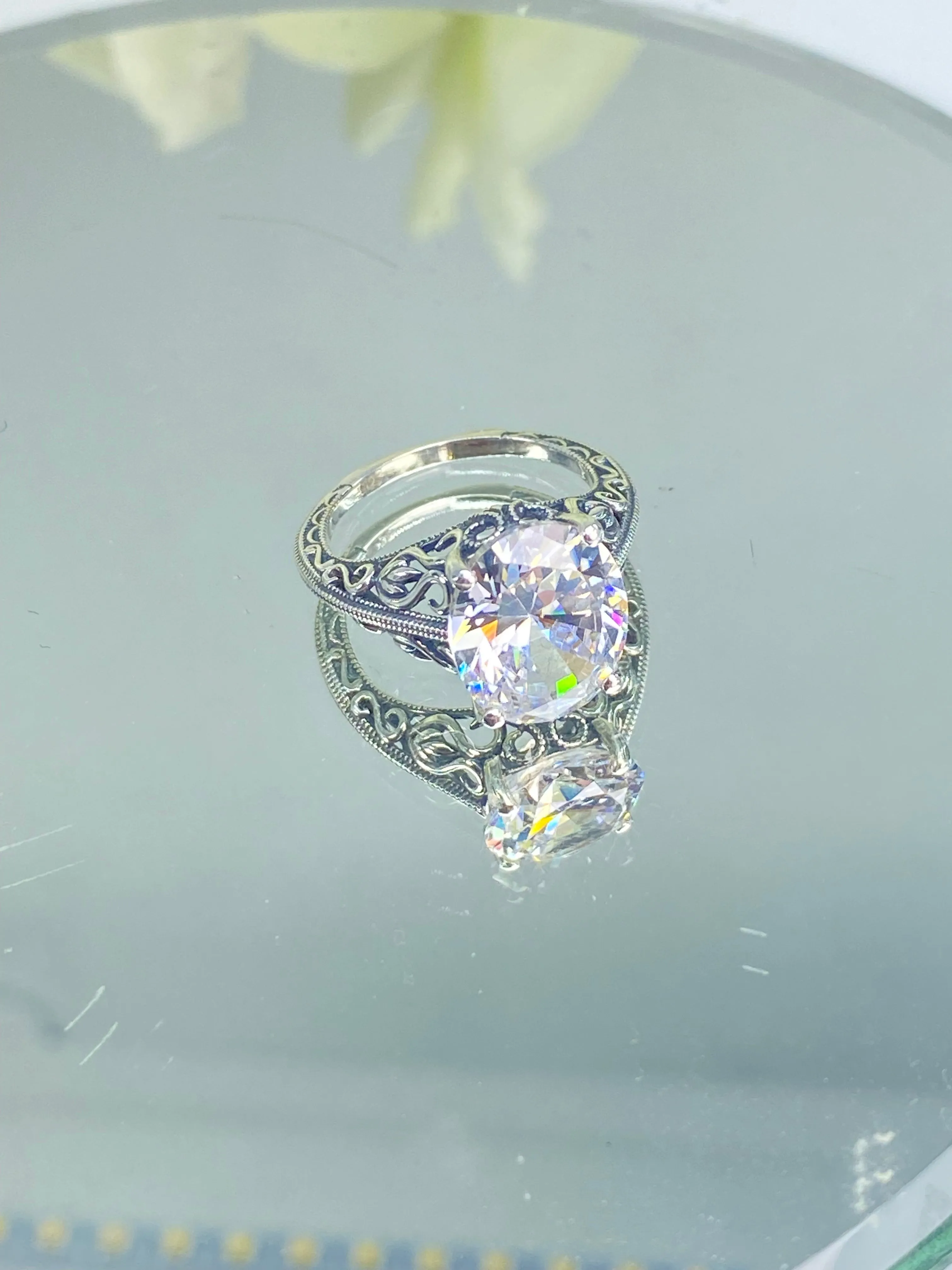 White CZ Ring, Size 7, Swan Filigree, Art Deco Jewelry #D190 - Ready to Ship