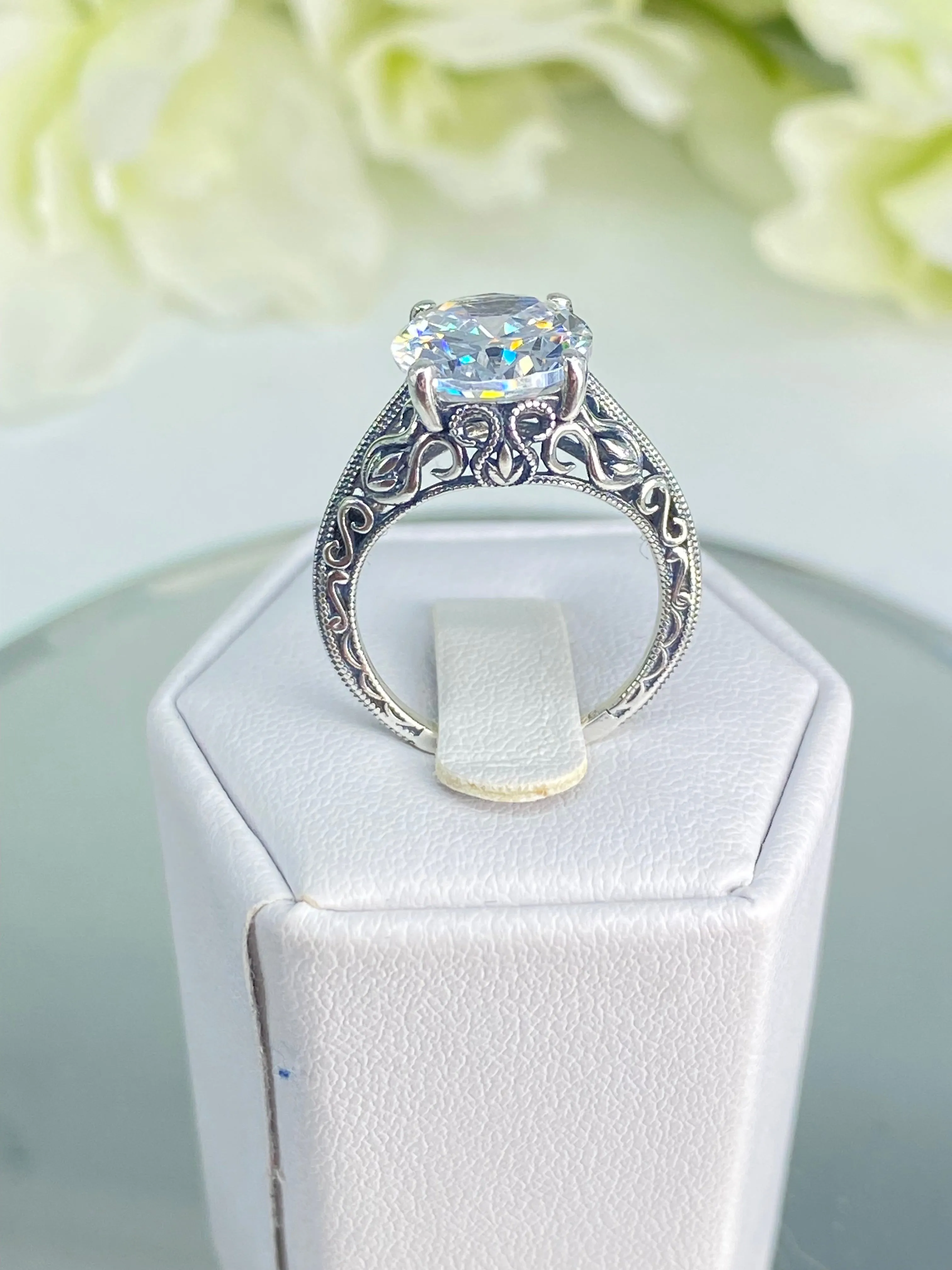 White CZ Ring, Size 7, Swan Filigree, Art Deco Jewelry #D190 - Ready to Ship