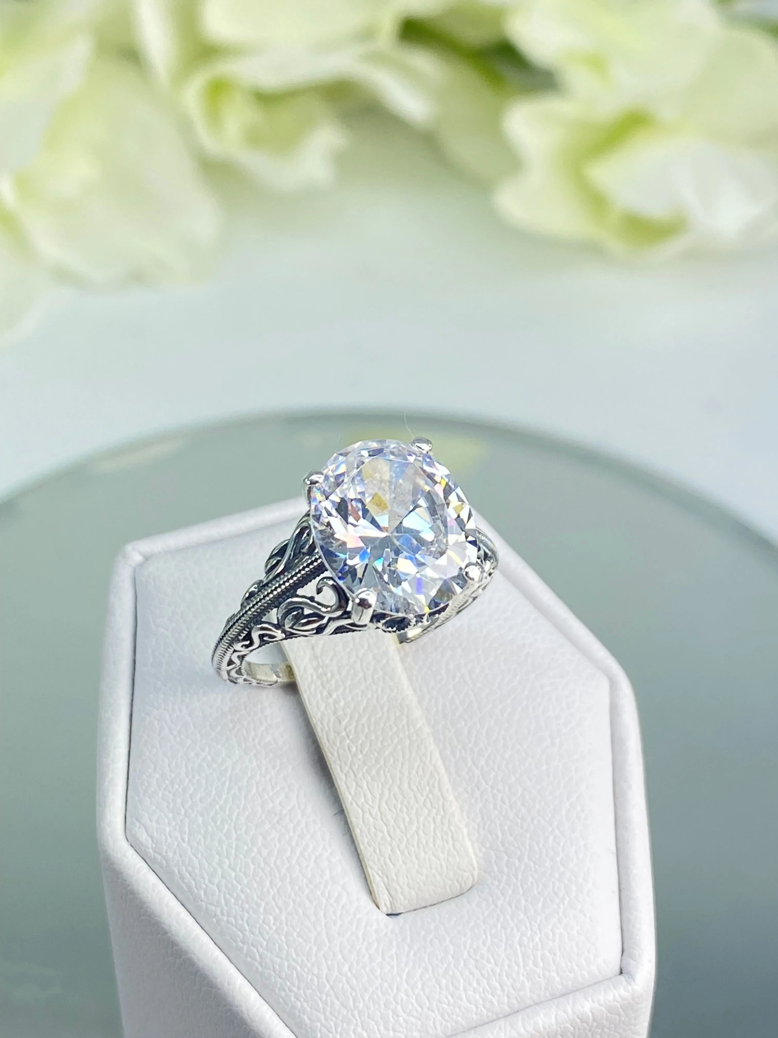 White CZ Ring, Size 7, Swan Filigree, Art Deco Jewelry #D190 - Ready to Ship