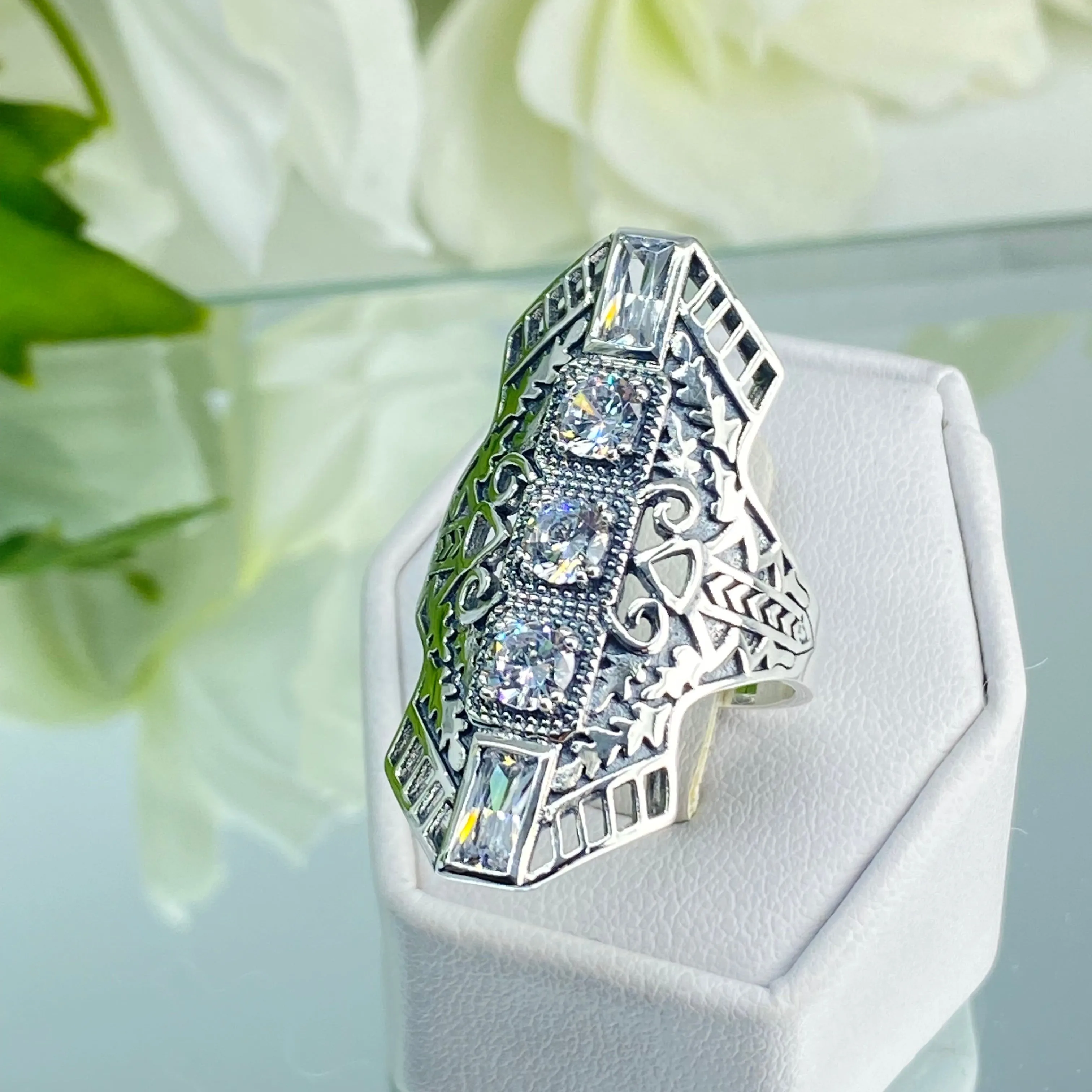 White CZ Ring, Size 9, Art Deco 1930s Jewelry #D214 - Ready to Ship